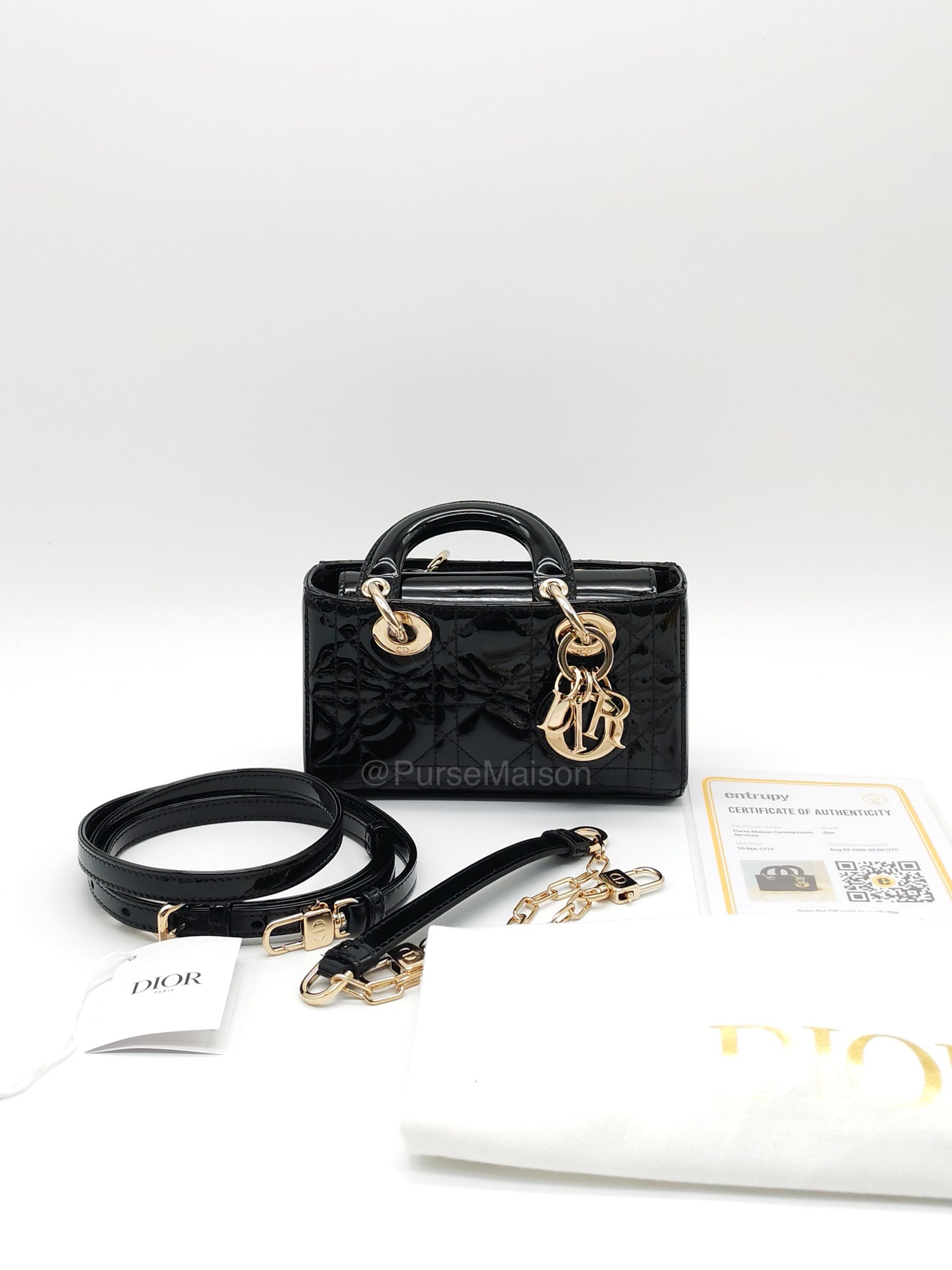 Christian Dior Lady D-Joy Micro in Black Patent Cannage Calfskin Leather and Light Gold Hardware