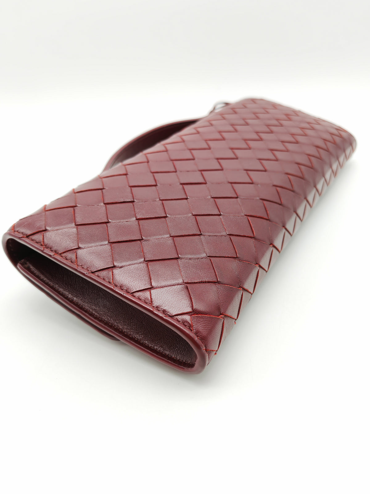 Bottega Veneta Andiamo Clutch in Barolo Woven Intrecciato Lambskin Leather and Gold Hardware