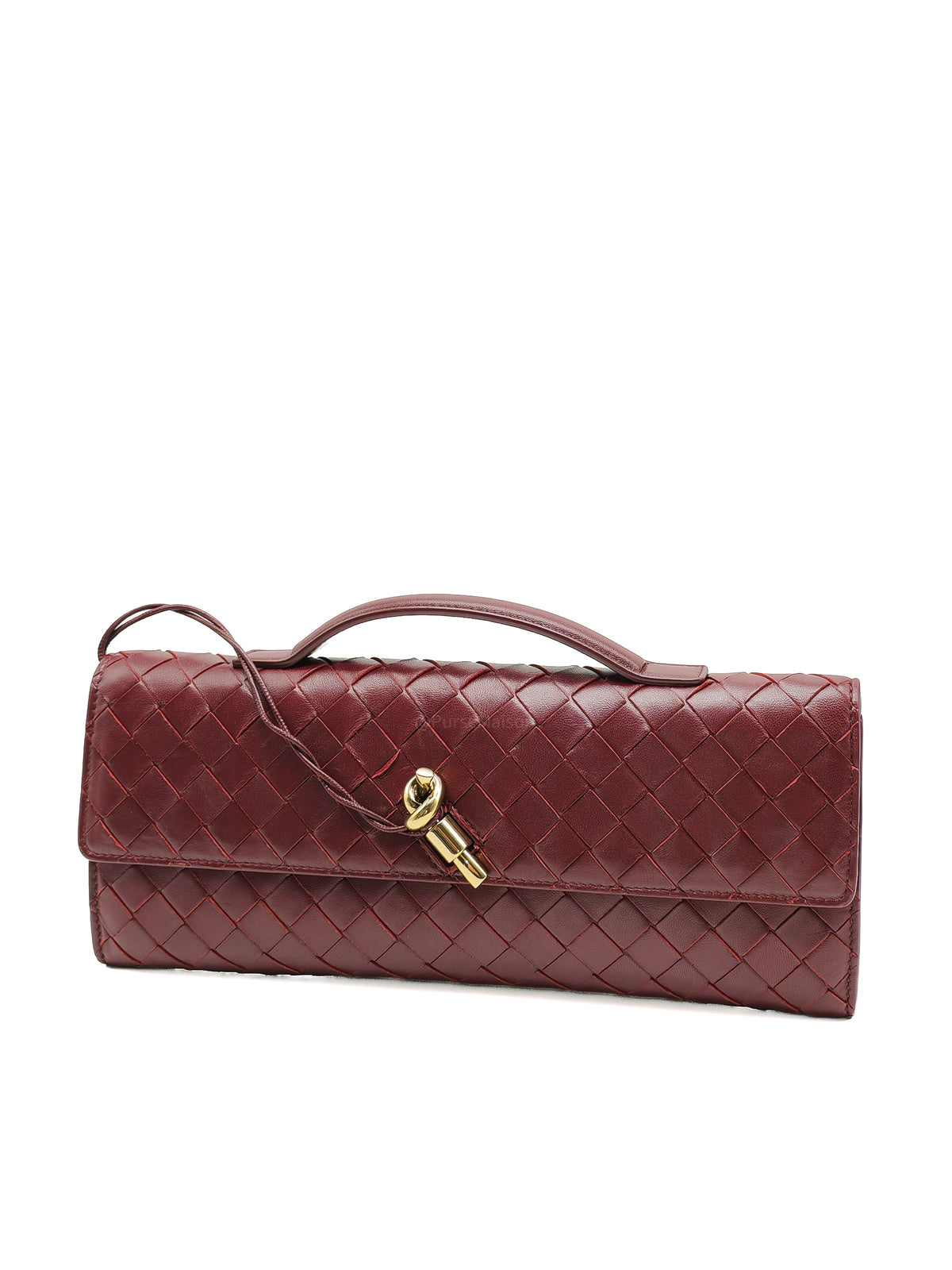 Bottega Veneta Andiamo Clutch in Barolo Woven Intrecciato Lambskin Leather and Gold Hardware