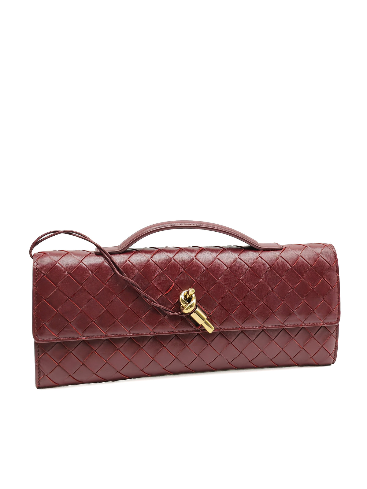 Bottega Veneta Andiamo Clutch in Barolo Woven Intrecciato Lambskin Leather and Gold Hardware