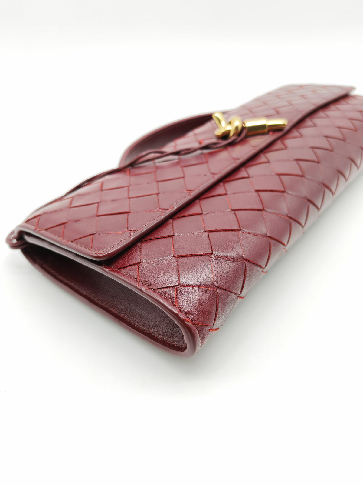 Bottega Veneta Andiamo Clutch in Barolo Woven Intrecciato Lambskin Leather and Gold Hardware