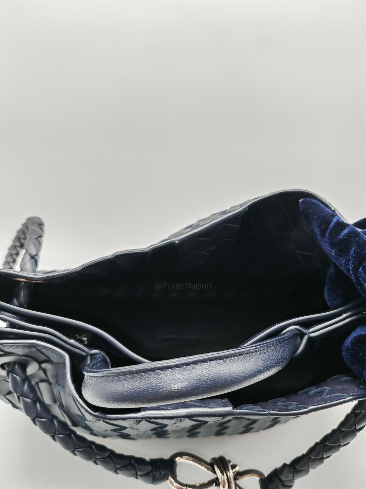 Bottega Veneta Andiamo Medium in Dark Blue Intrecciato Leather and Silver Hardware