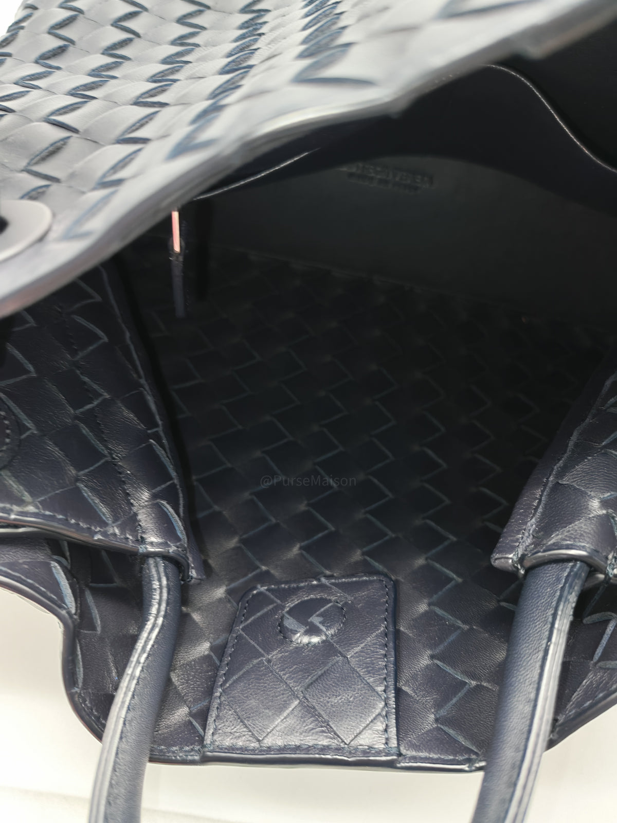 Bottega Veneta Andiamo Medium in Dark Blue Intrecciato Leather and Silver Hardware