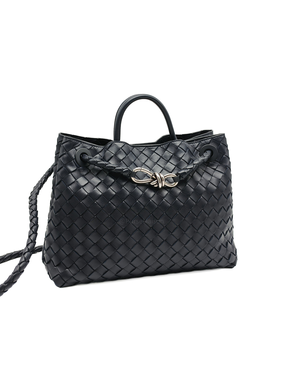 Bottega Veneta Andiamo Medium in Dark Blue Intrecciato Leather and Silver Hardware