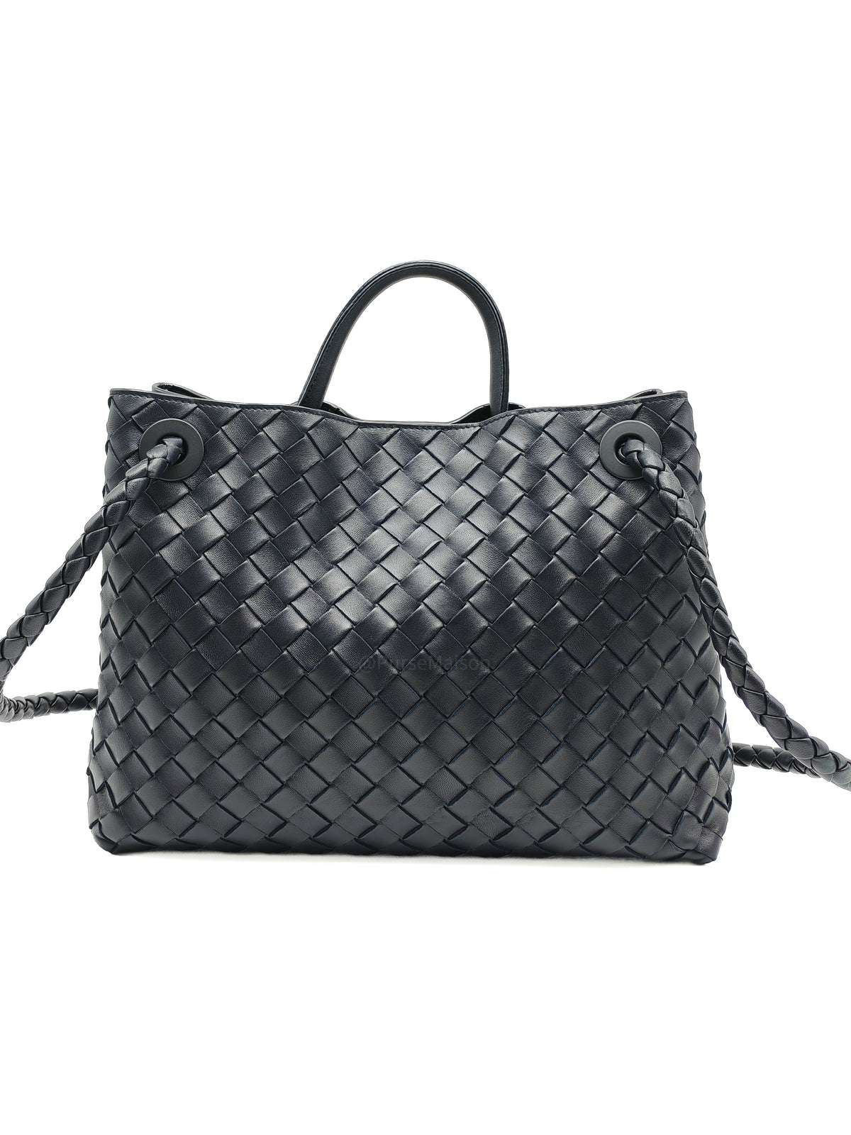 Bottega Veneta Andiamo Medium in Dark Blue Intrecciato Leather and Silver Hardware