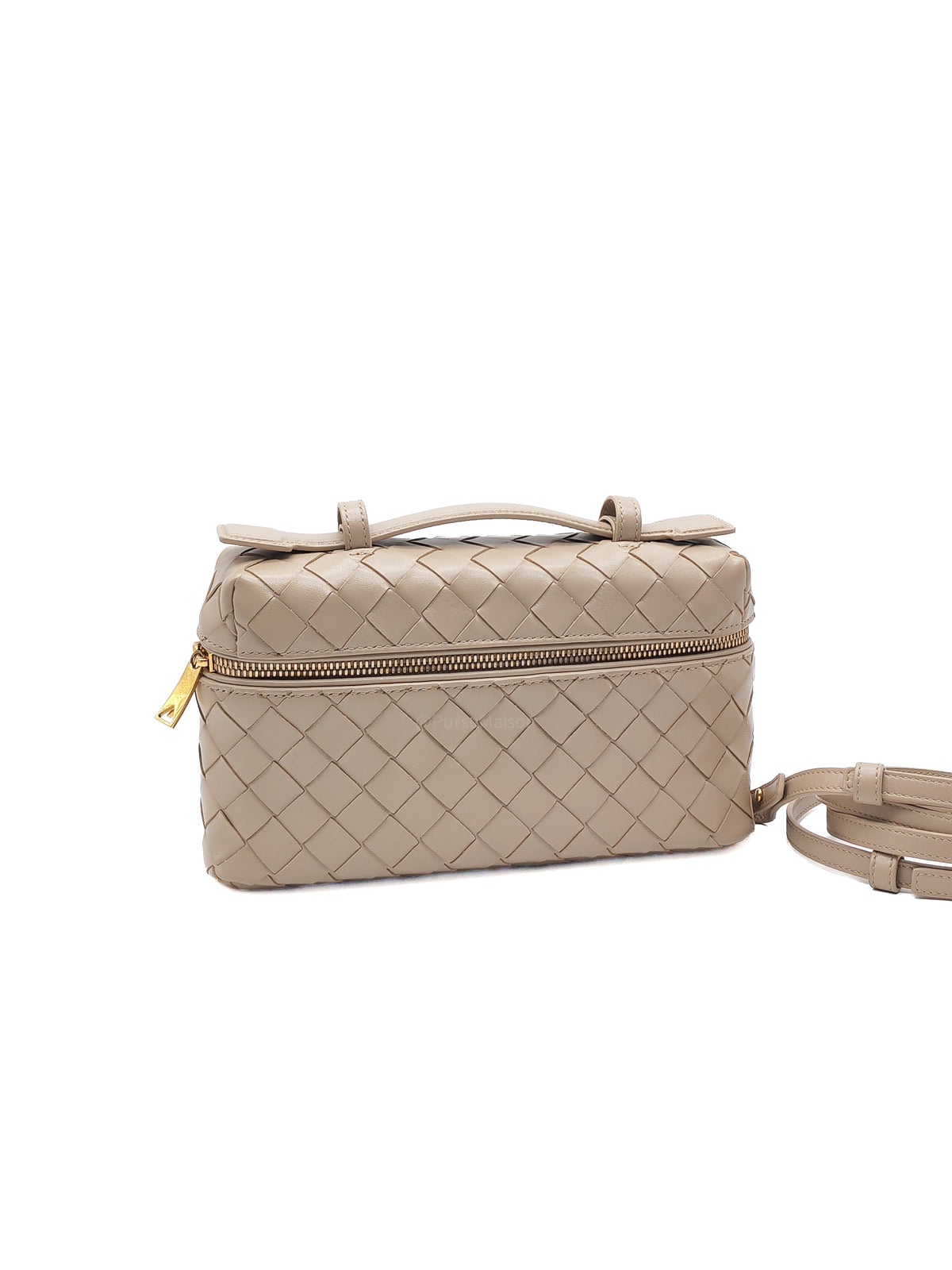 Bottega Veneta Bang Bang Vanity Case Bag in Beige Woven Intrecciato Calfskin Leather and Gold Hardware