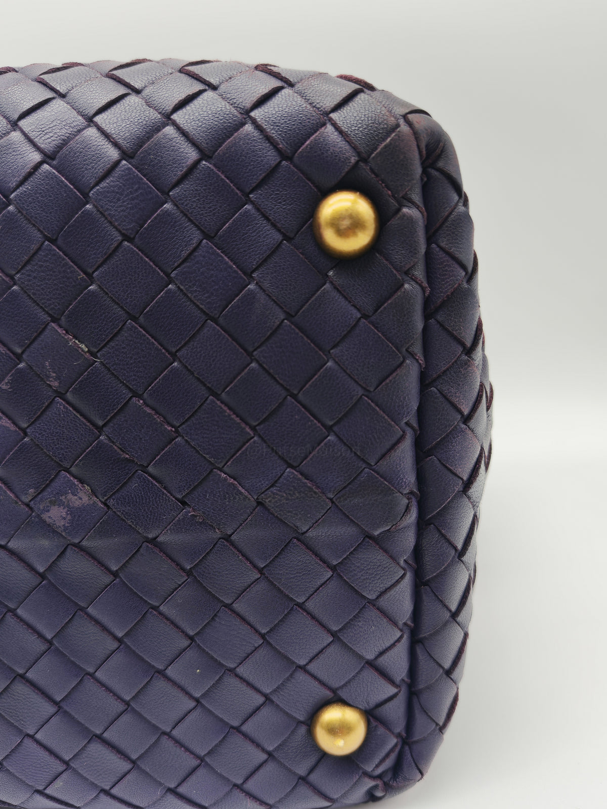 Bottega Veneta Montaigne Satchel Bag in Purple Intrecciato Woven Leather and Aged Gold Hardware