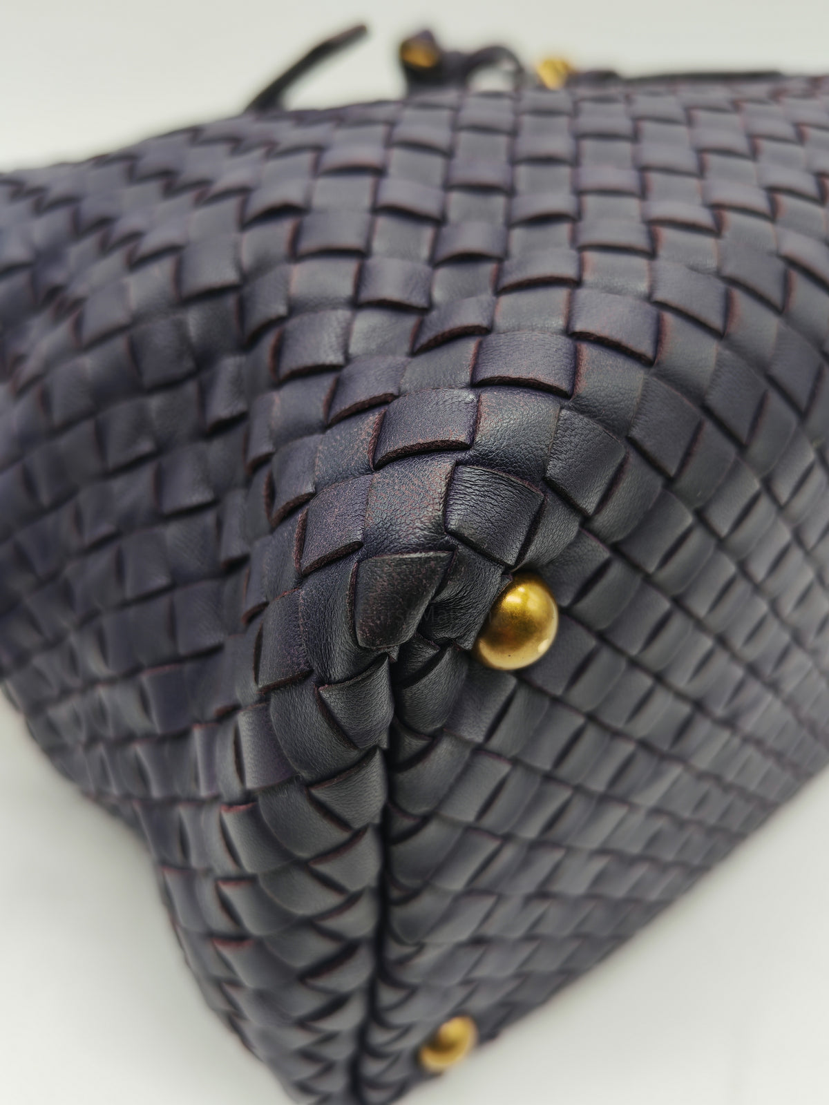 Bottega Veneta Montaigne Satchel Bag in Purple Intrecciato Woven Leather and Aged Gold Hardware