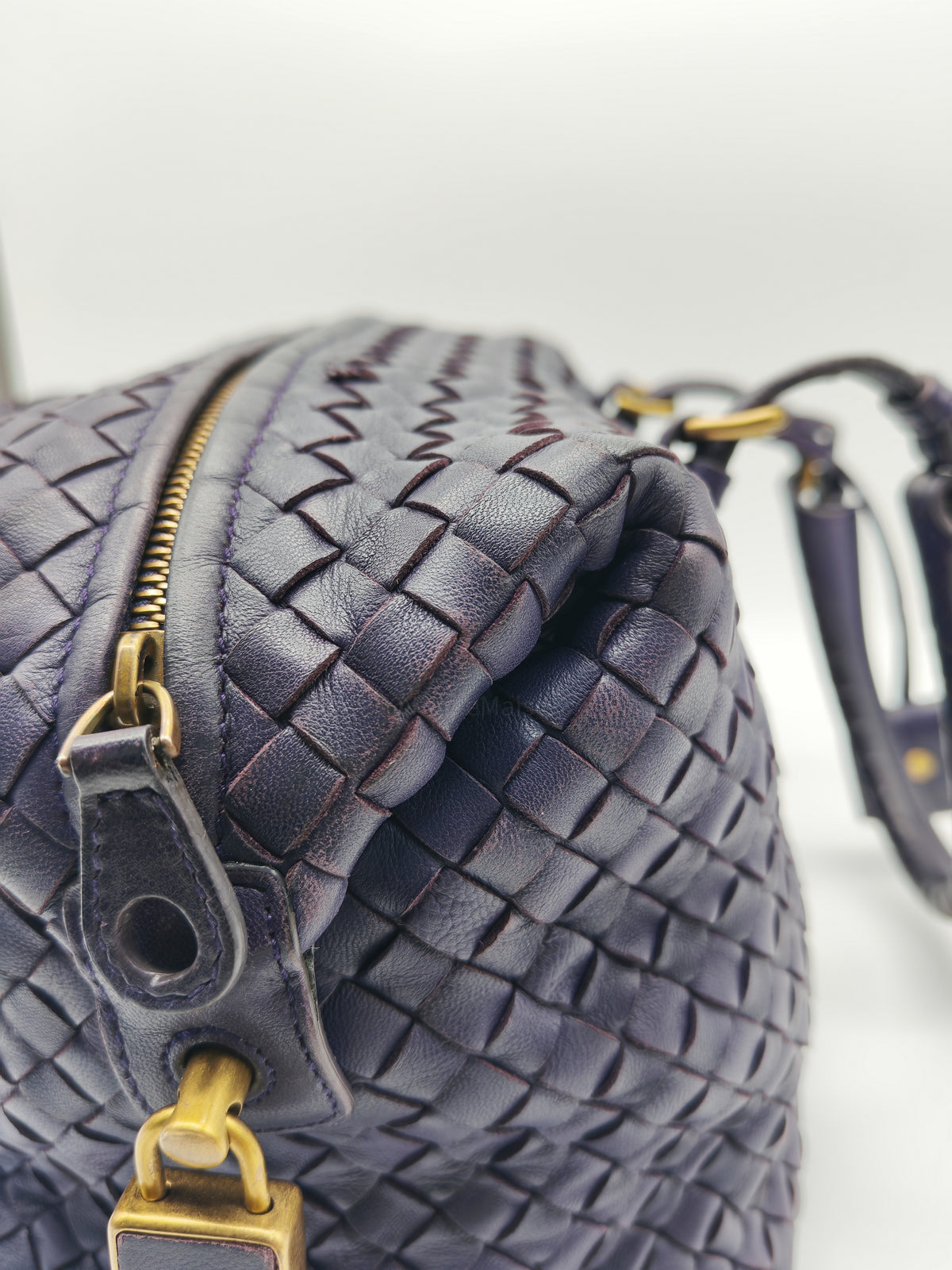 Bottega Veneta Montaigne Satchel Bag in Purple Intrecciato Woven Leather and Aged Gold Hardware
