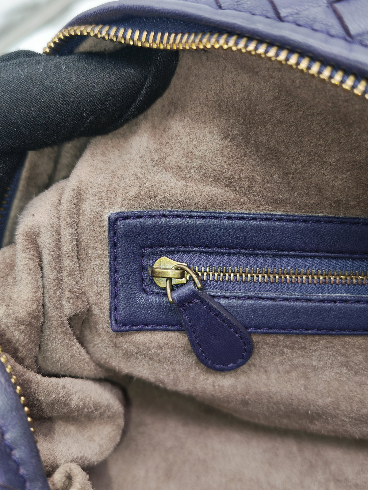 Bottega Veneta Montaigne Satchel Bag in Purple Intrecciato Woven Leather and Aged Gold Hardware