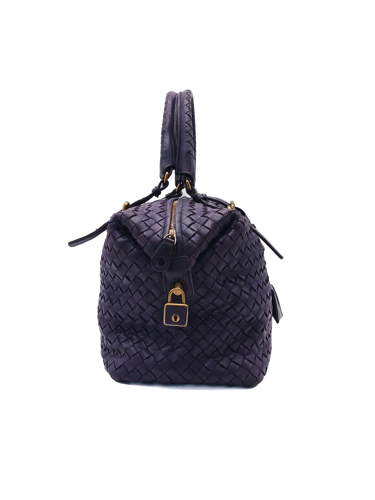 Bottega Veneta Montaigne Satchel Bag in Purple Intrecciato Woven Leather and Aged Gold Hardware
