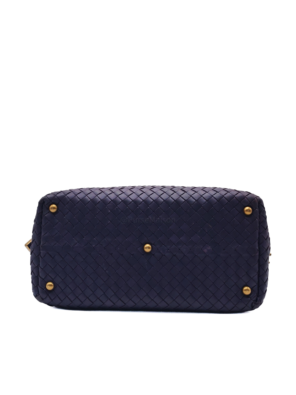 Bottega Veneta Montaigne Satchel Bag in Purple Intrecciato Woven Leather and Aged Gold Hardware