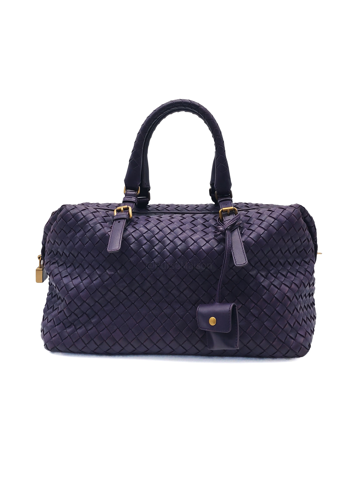 Bottega Veneta Montaigne Satchel Bag in Purple Intrecciato Woven Leather and Aged Gold Hardware