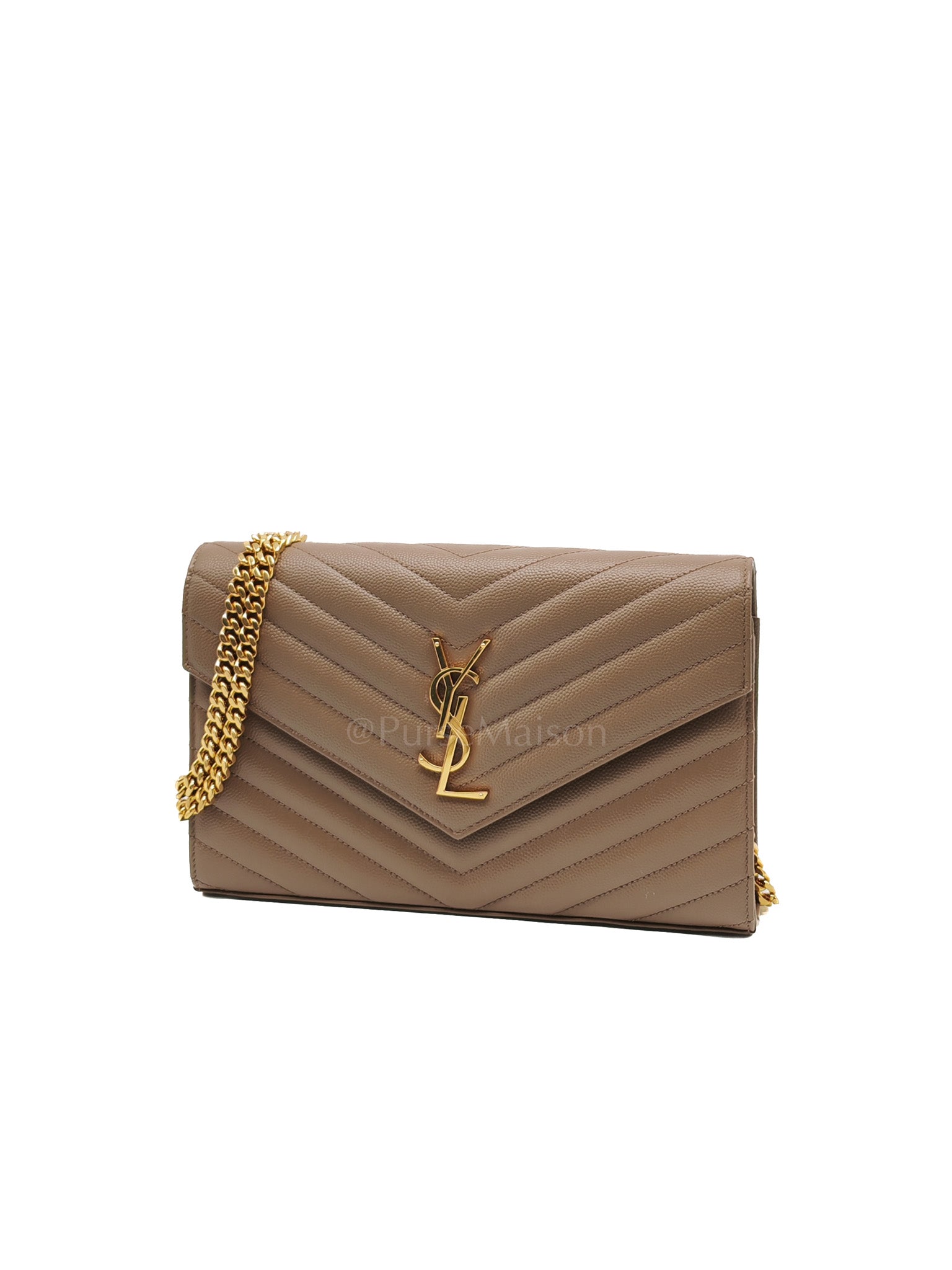 Cassandre Wallet on Chain in Taupe Chevron Quilted Grain De Poudre Calfskin Leather & Gold Hardware
