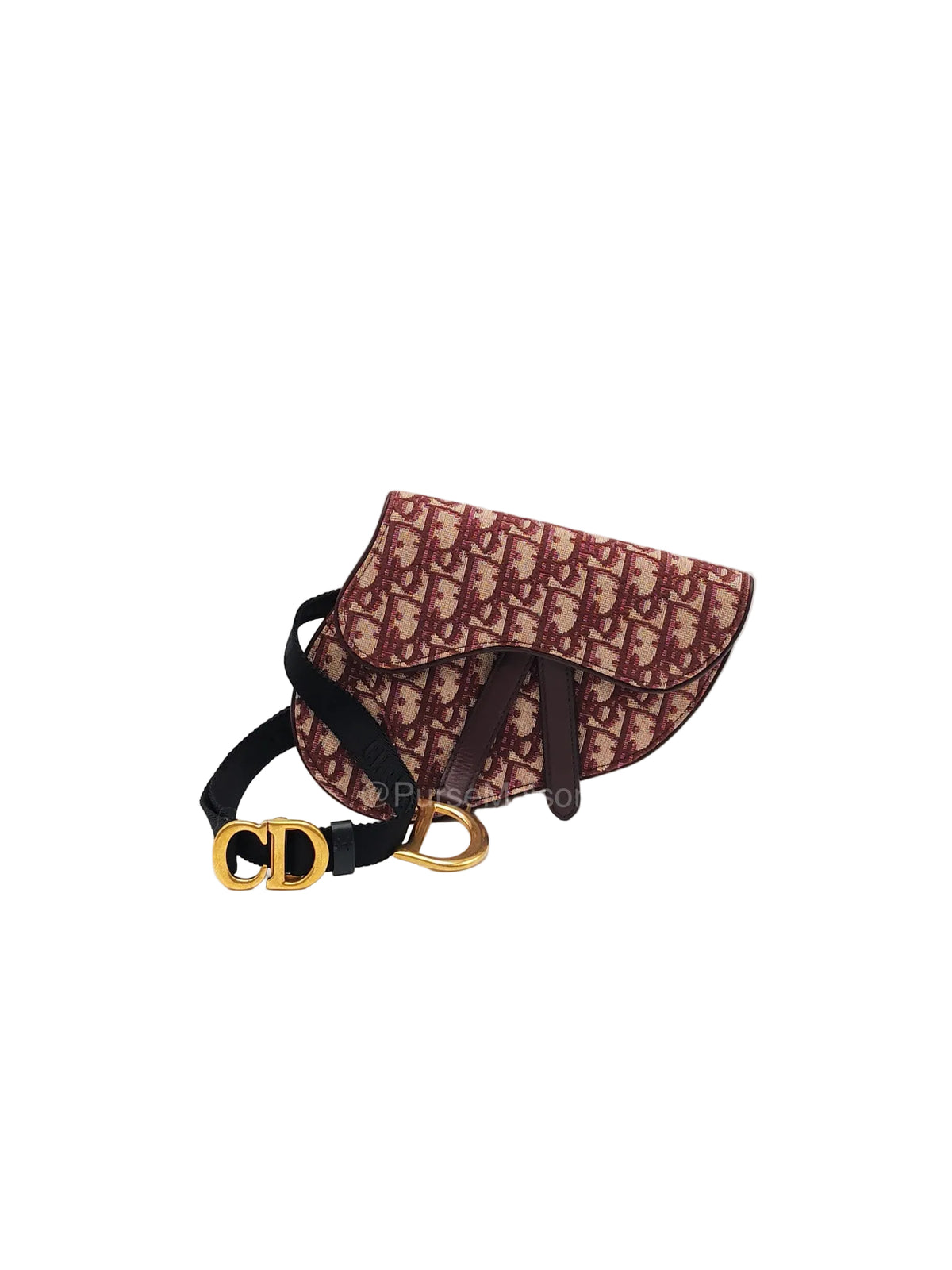 Christian Dior Saddle Belt Pouch in Burgundy Oblique Jacquar Canvas and Gold Hardware