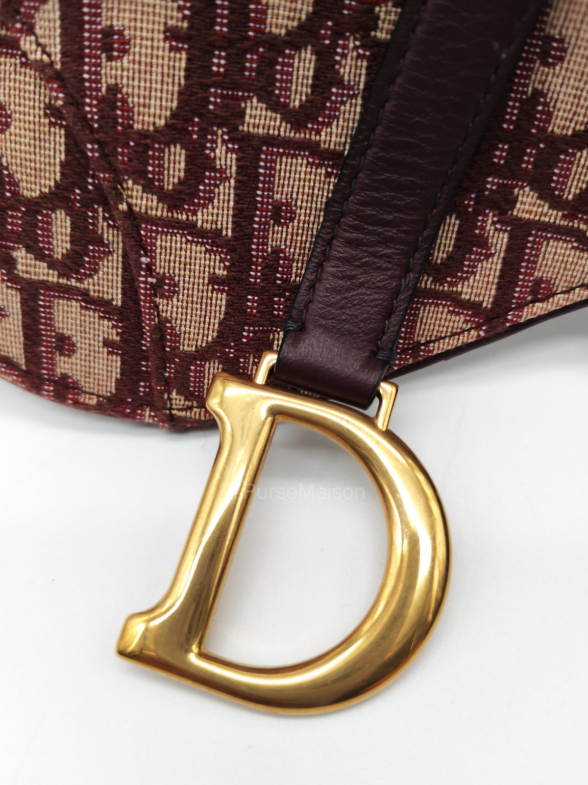 Christian Dior Saddle Belt Pouch in Burgundy Oblique Jacquar Canvas and Gold Hardware