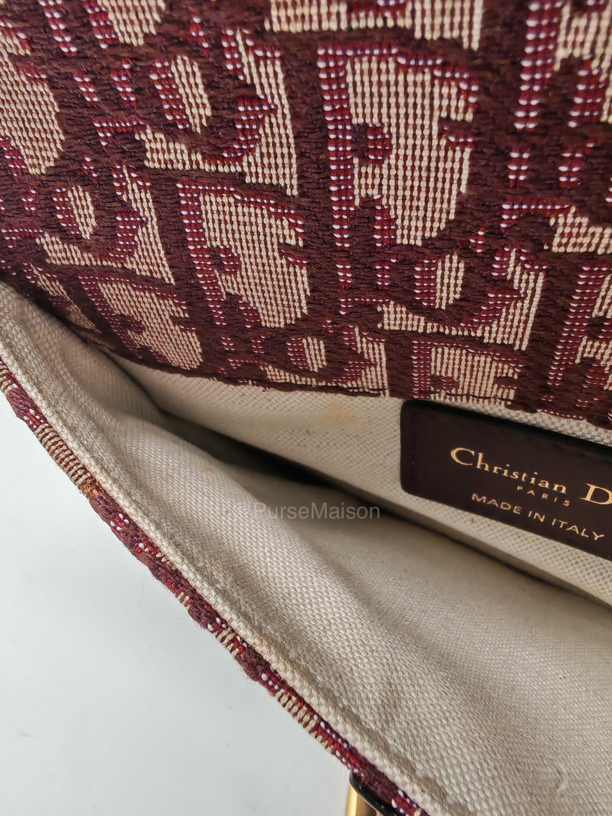 Christian Dior Saddle Belt Pouch in Burgundy Oblique Jacquar Canvas and Gold Hardware