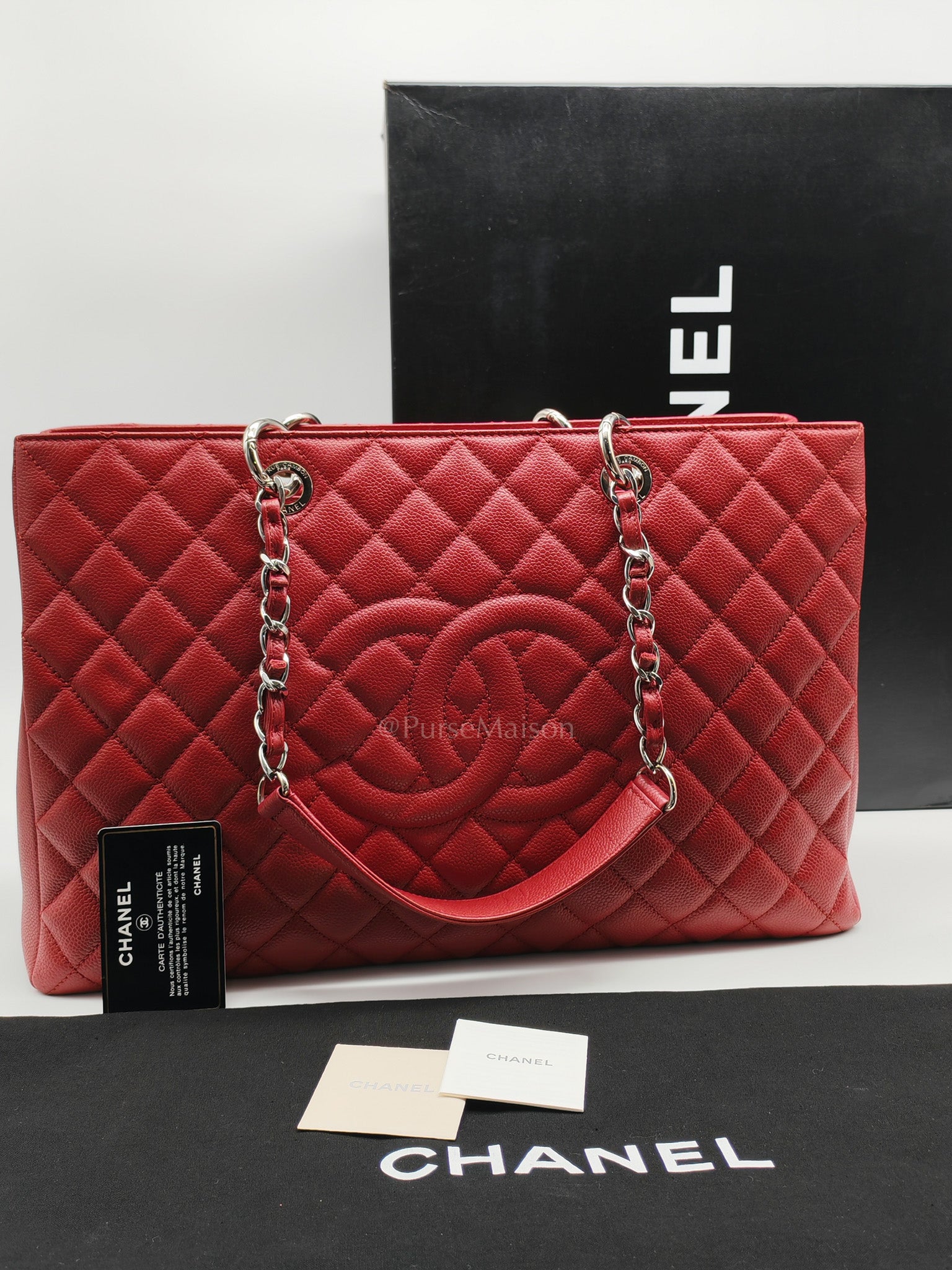 Chanel Grand Shopping Tote Bag XL in Red Caviar Leather Silver Hardware (Series 16)