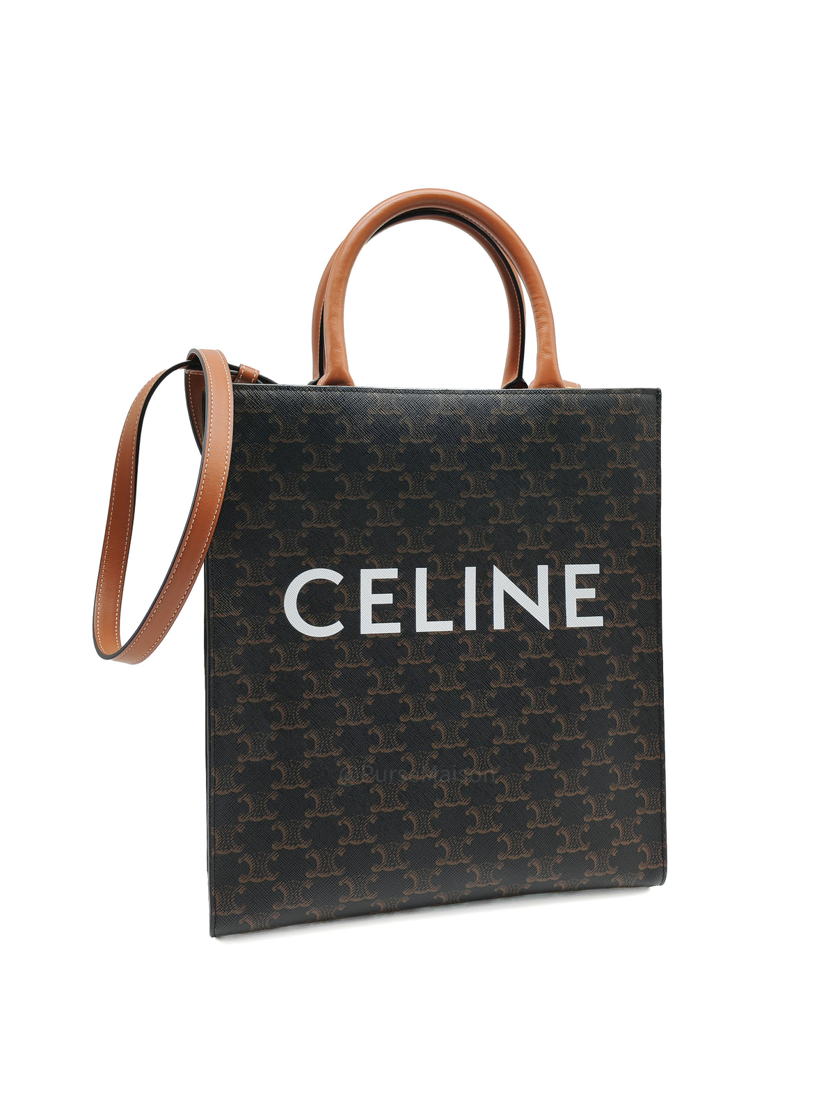 Celine Triomphe Canvas and Tan Calfskin Leather Small Vertical Cabas