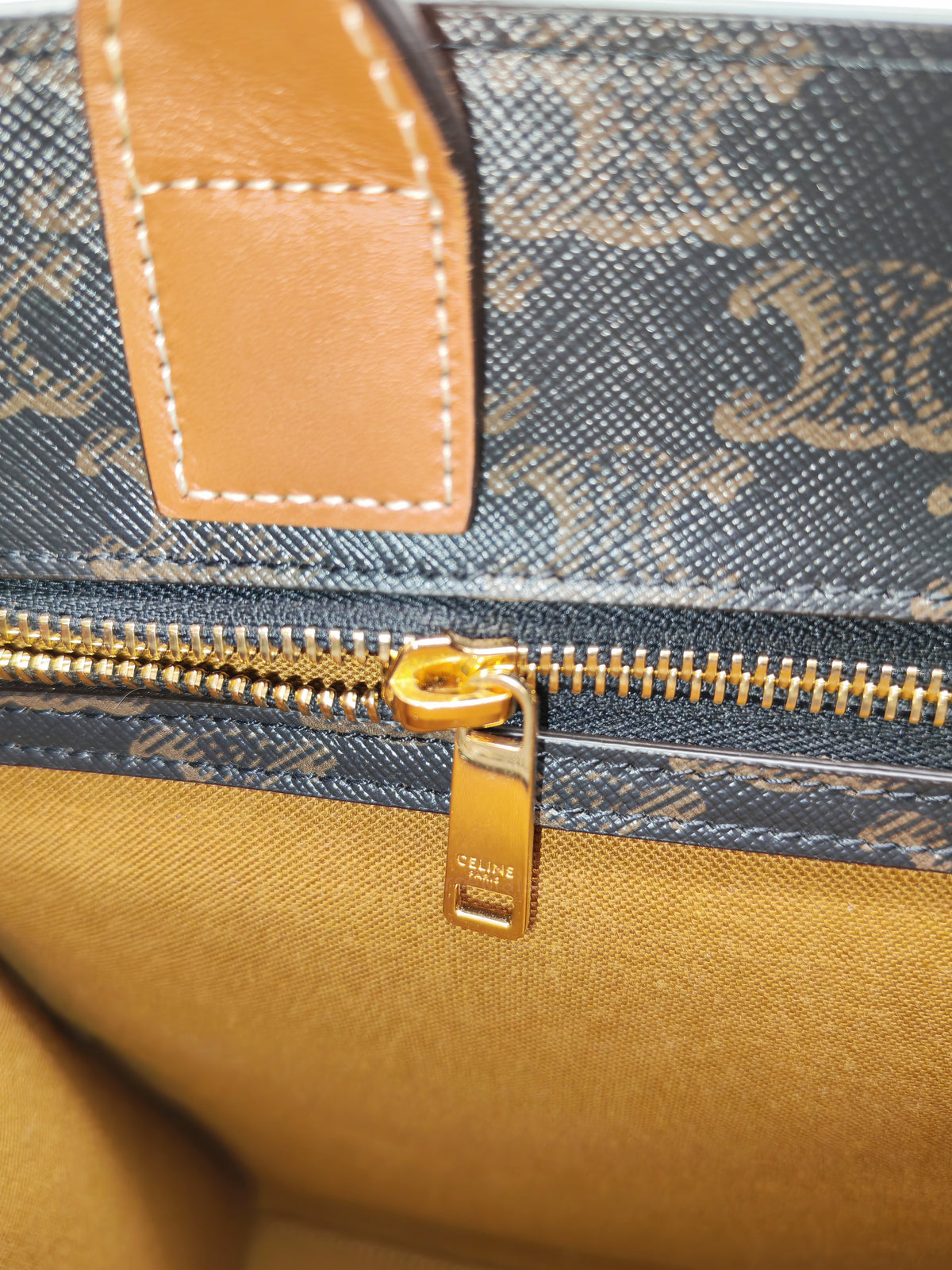 Celine Triomphe Canvas and Tan Calfskin Leather Small Vertical Cabas