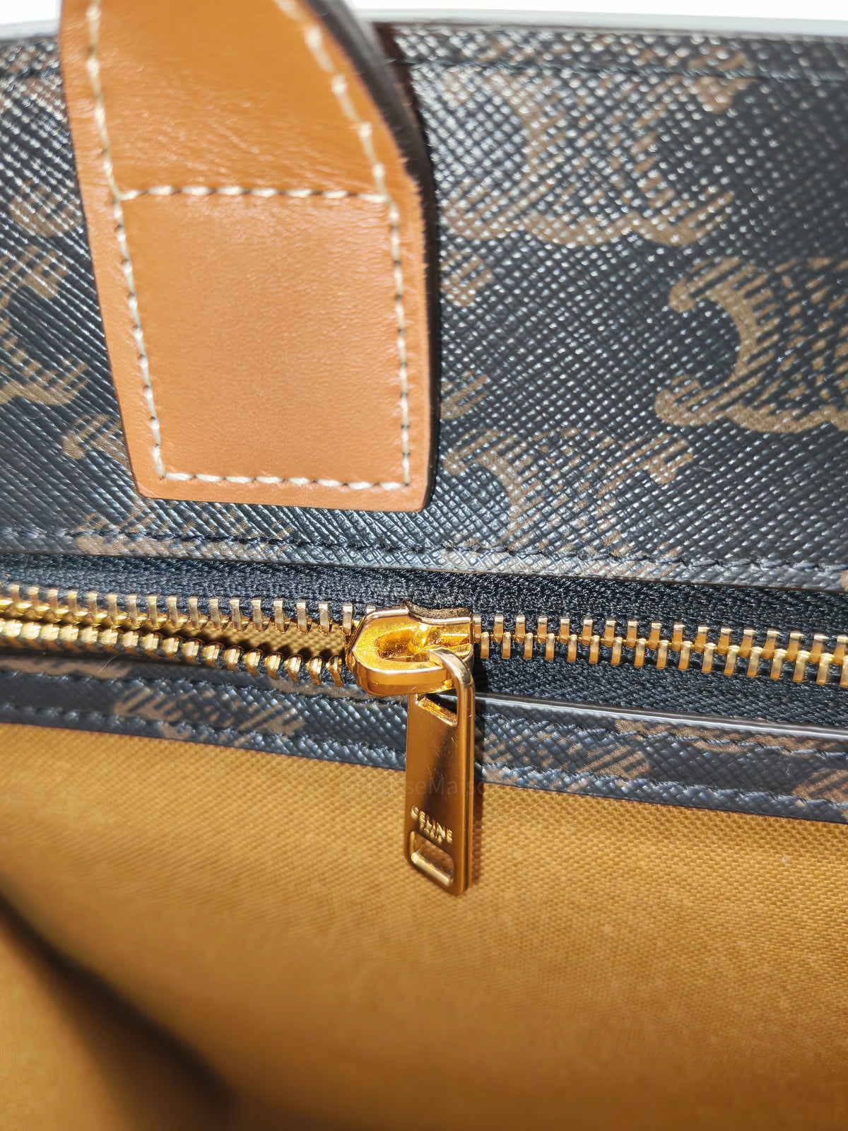 Celine Triomphe Canvas and Tan Calfskin Leather Small Vertical Cabas