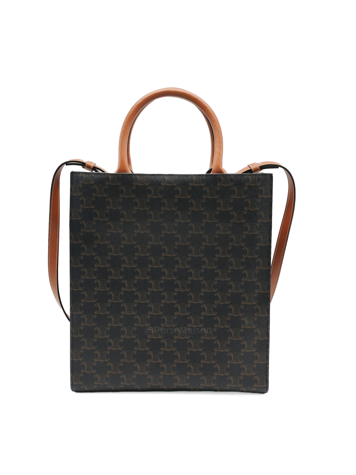 Celine Triomphe Canvas and Tan Calfskin Leather Small Vertical Cabas