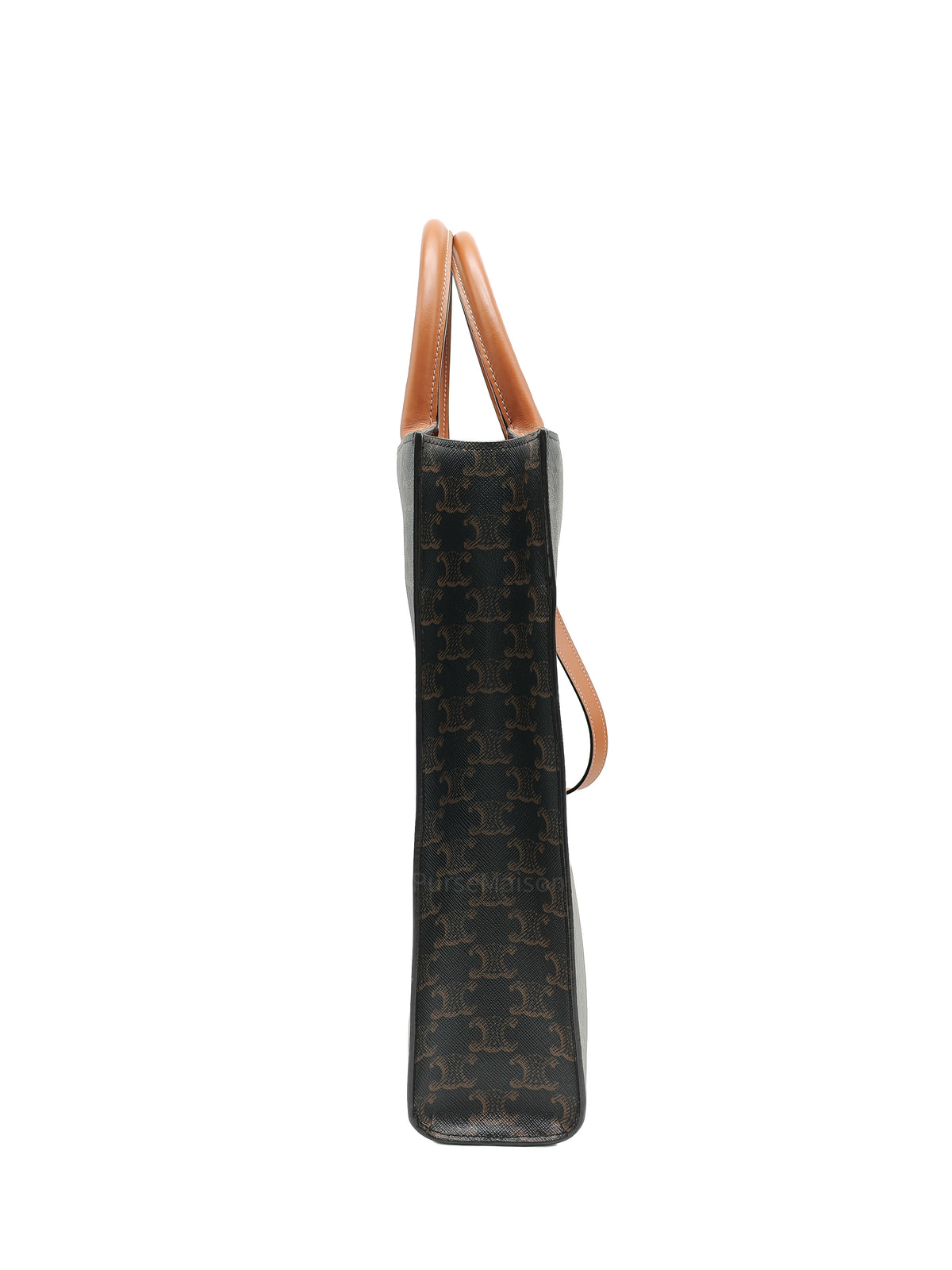 Celine Triomphe Canvas and Tan Calfskin Leather Small Vertical Cabas