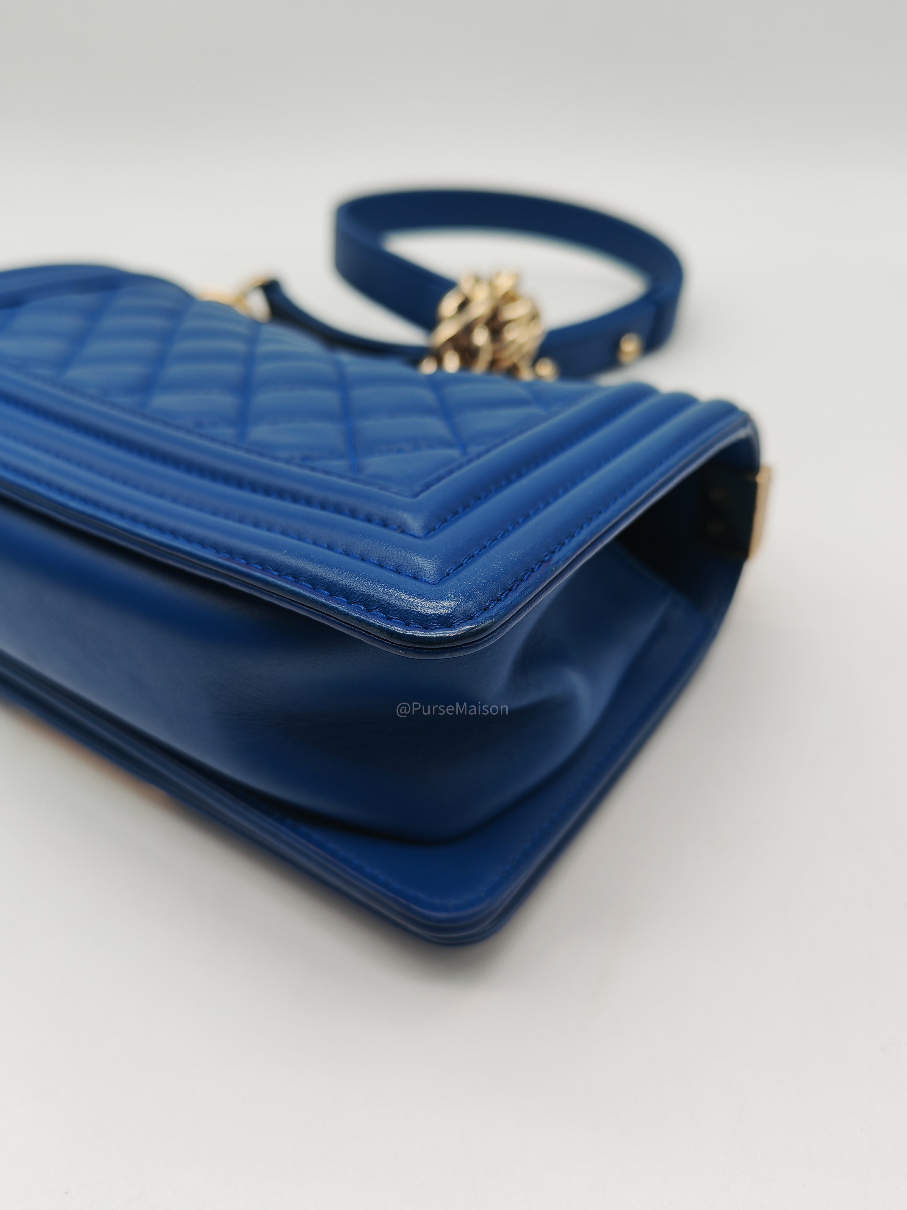 Chanel Le Boy Flap Bag Small in Blue Calfskin Leather Light Gold Hardware (Series 24)