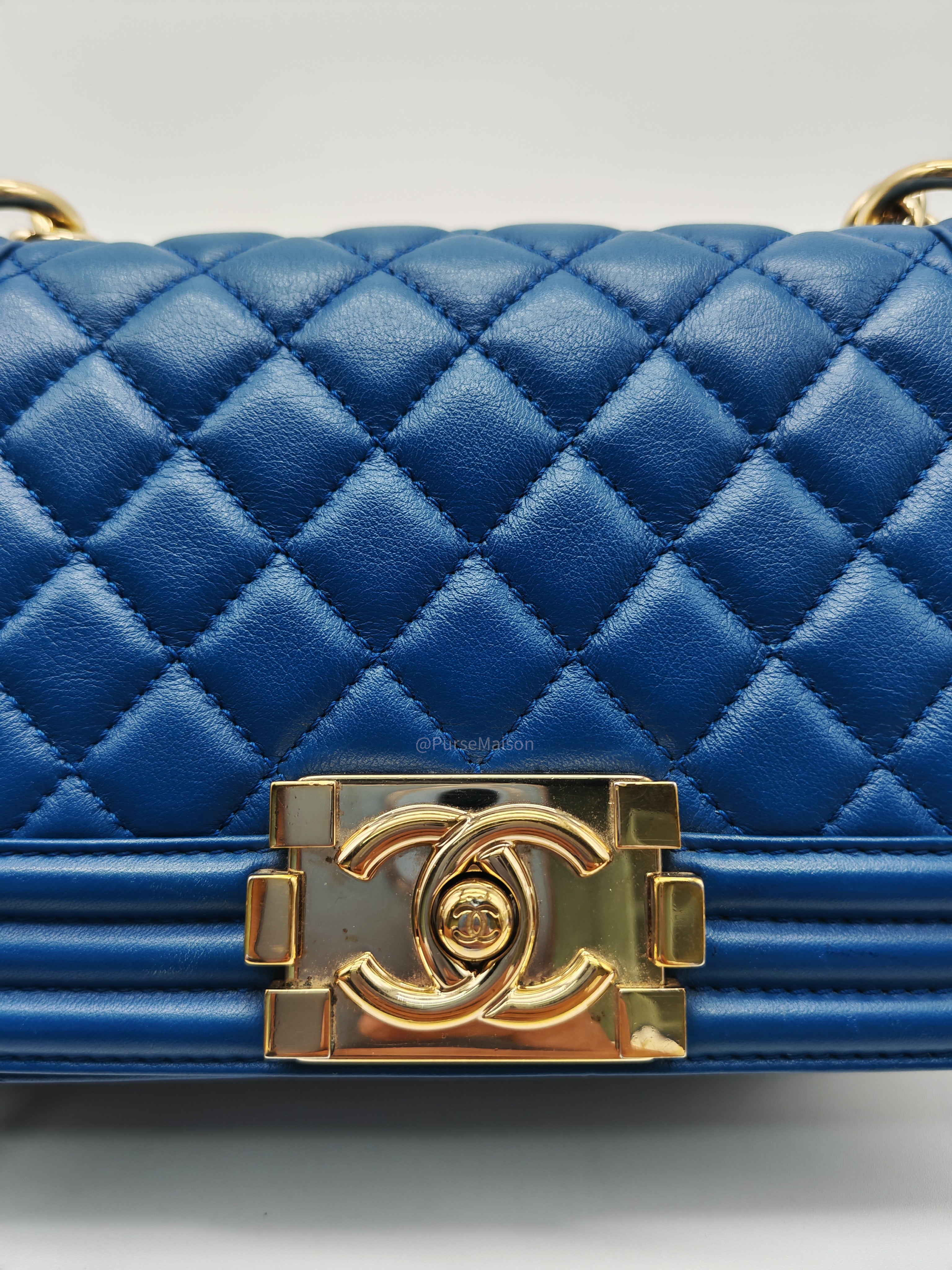 Chanel Le Boy Flap Bag Small in Blue Calfskin Leather Light Gold Hardware (Series 24)