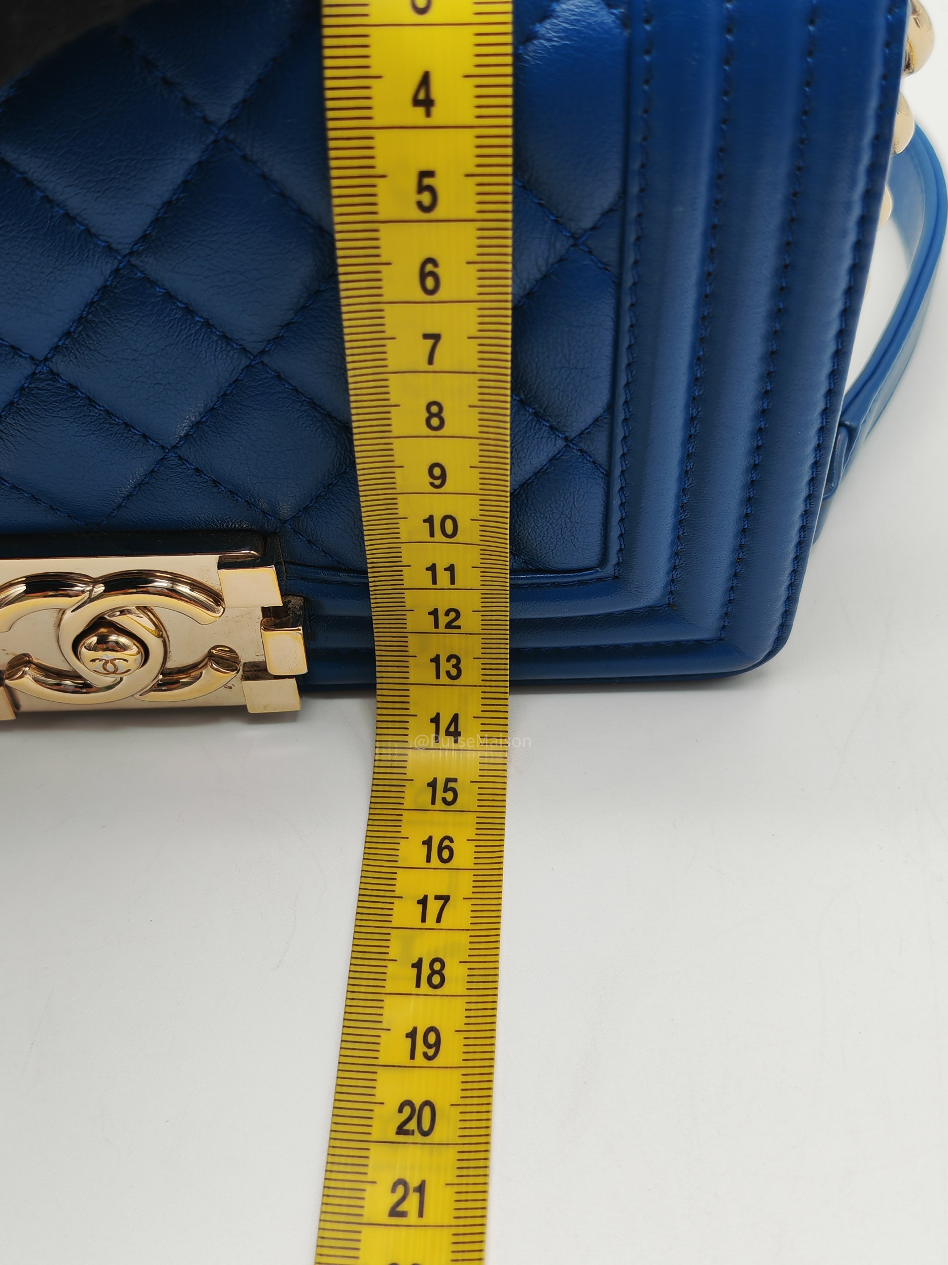 Chanel Le Boy Flap Bag Small in Blue Calfskin Leather Light Gold Hardware (Series 24)