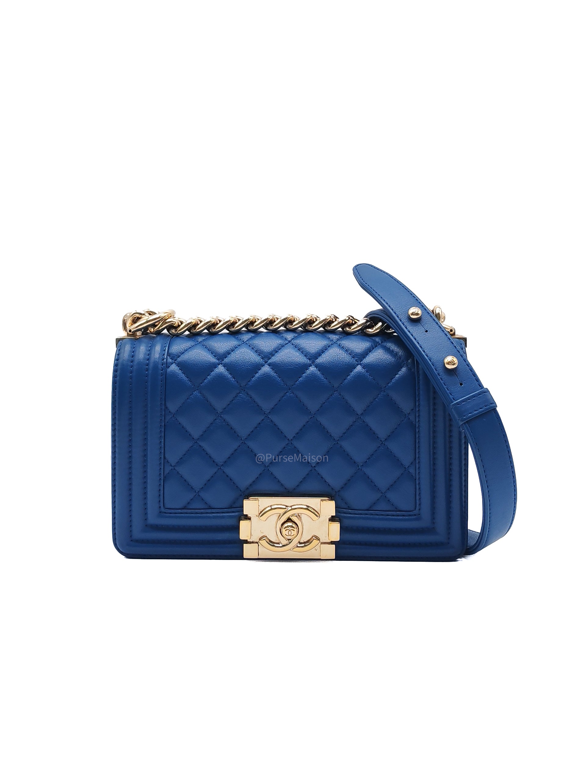 Chanel Le Boy Flap Bag Small in Blue Calfskin Leather Light Gold Hardware (Series 24)