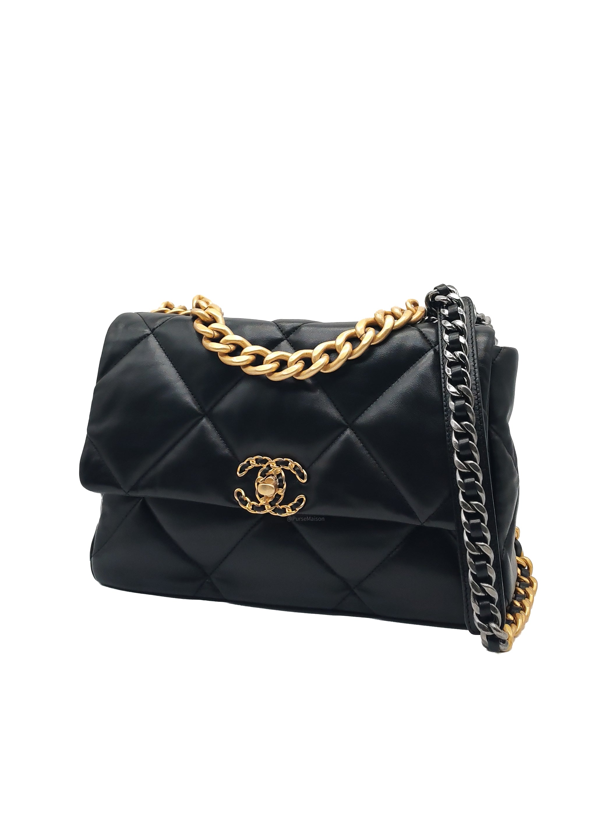 Chanel 19 Flap Bag Medium in Black Lambskin Leather Mix Hardware (Microchip)