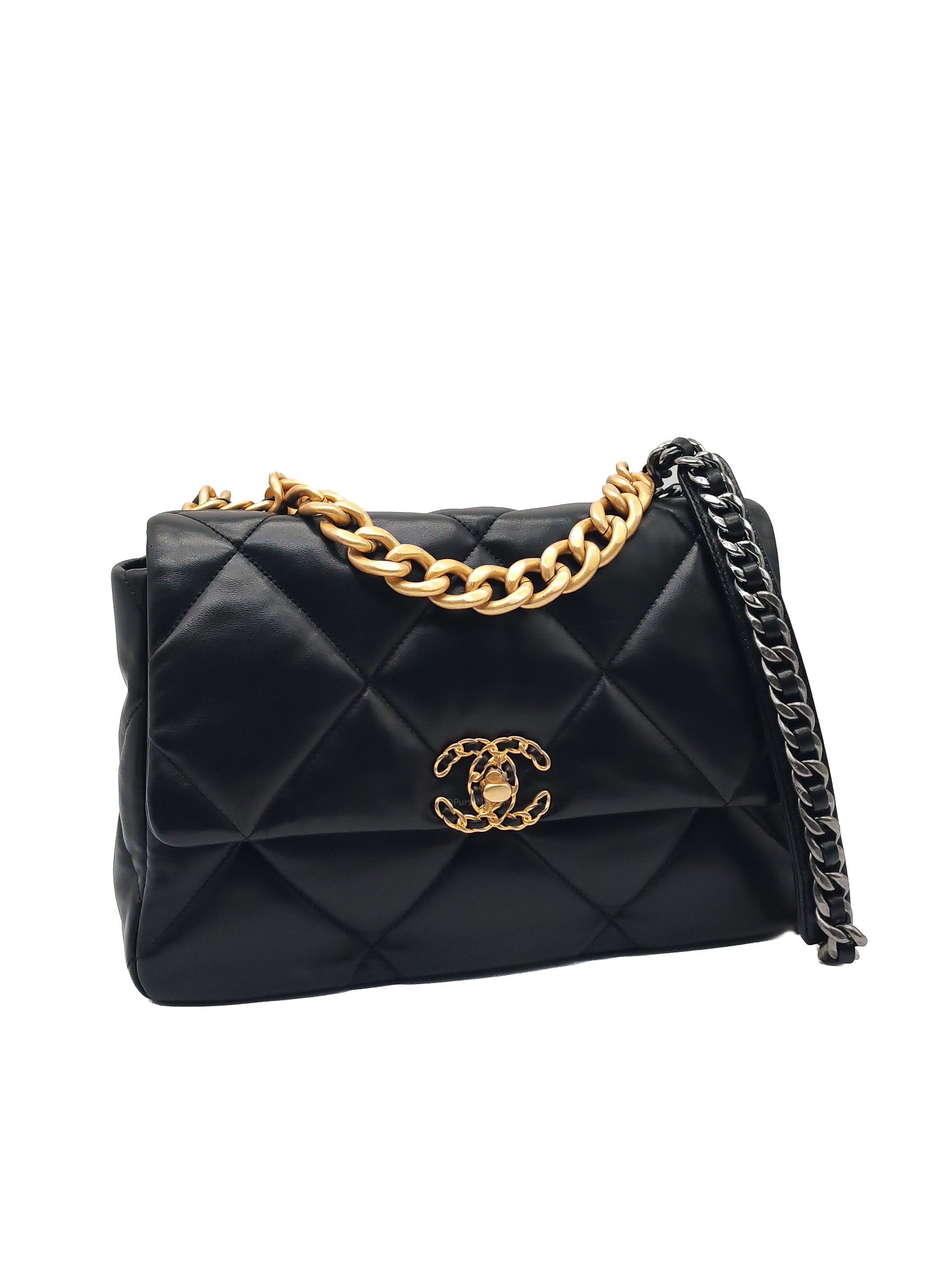 Chanel 19 Flap Bag Medium in Black Lambskin Leather Mix Hardware (Microchip)