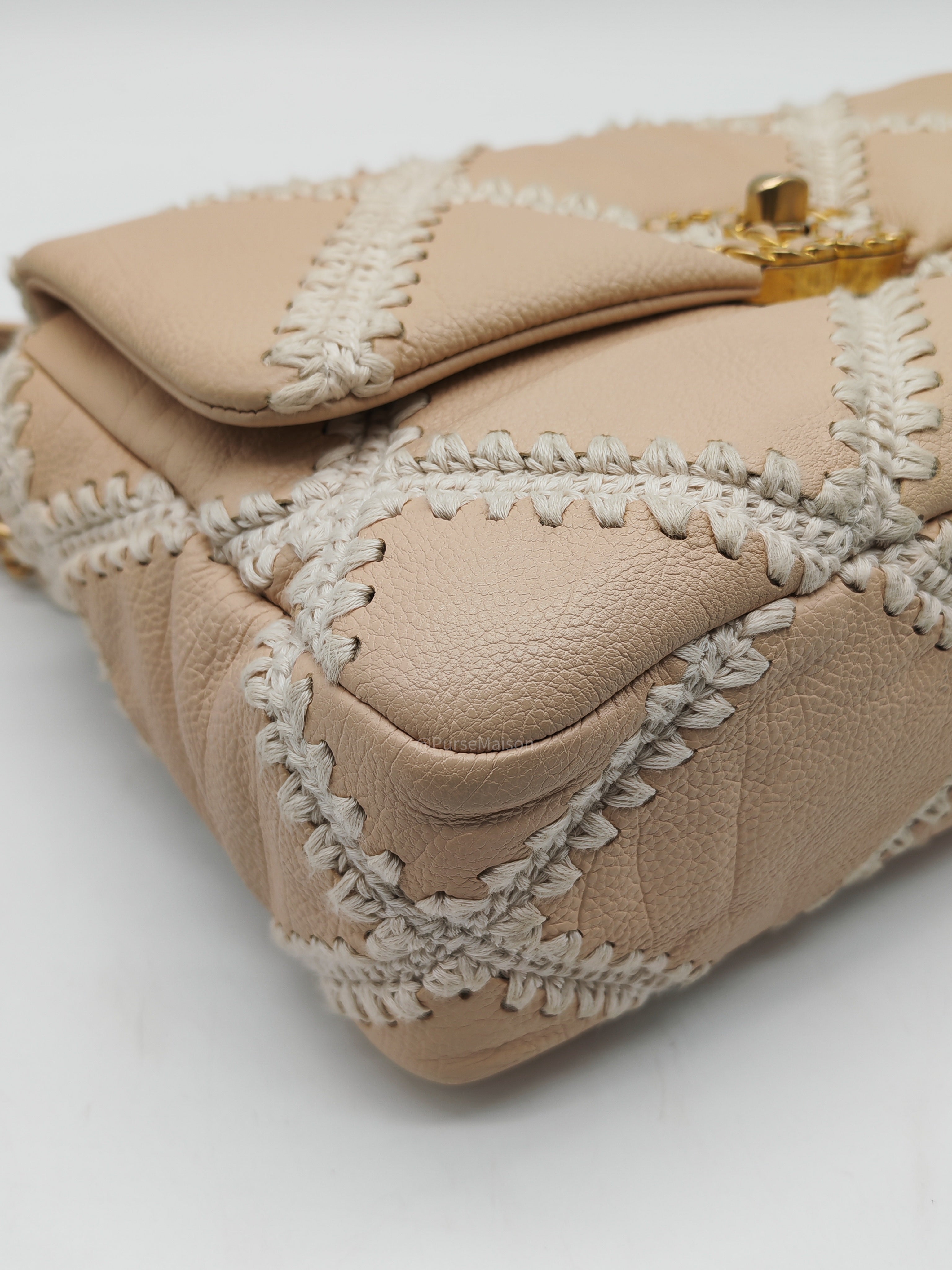 Chanel 19 Flap Bag Medium in Beige Calfskin Leather with Crochet Trim and Mixed Hardware Series 30
