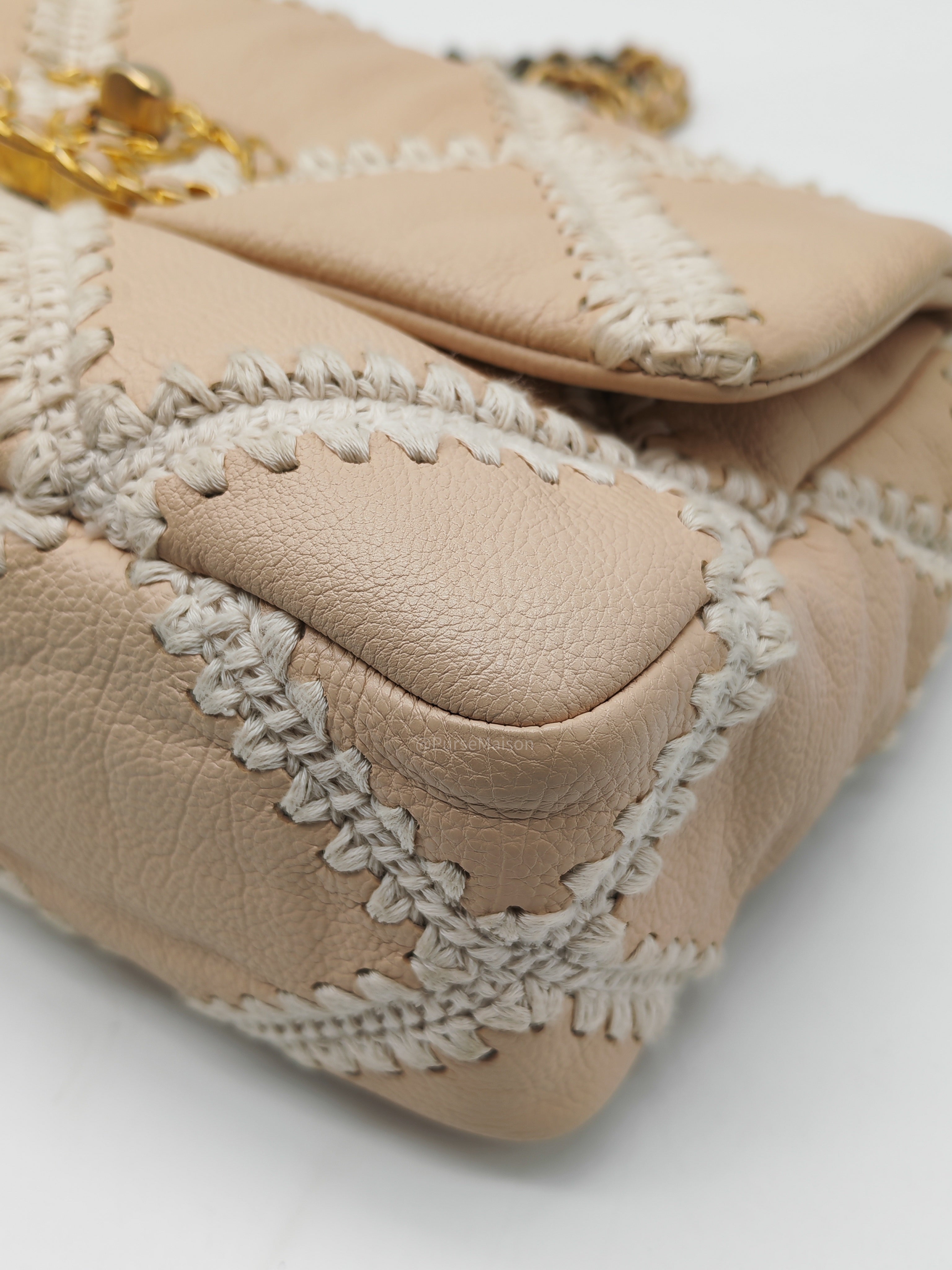 Chanel 19 Flap Bag Medium in Beige Calfskin Leather with Crochet Trim and Mixed Hardware Series 30