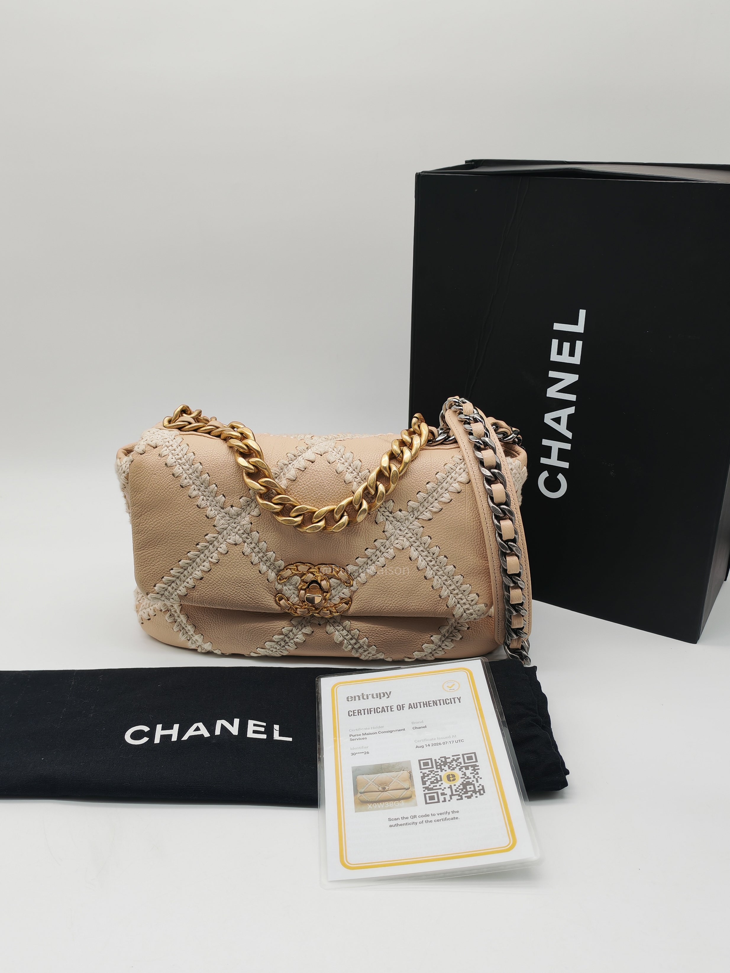 Chanel 19 Flap Bag Medium in Beige Calfskin Leather with Crochet Trim and Mixed Hardware Series 30