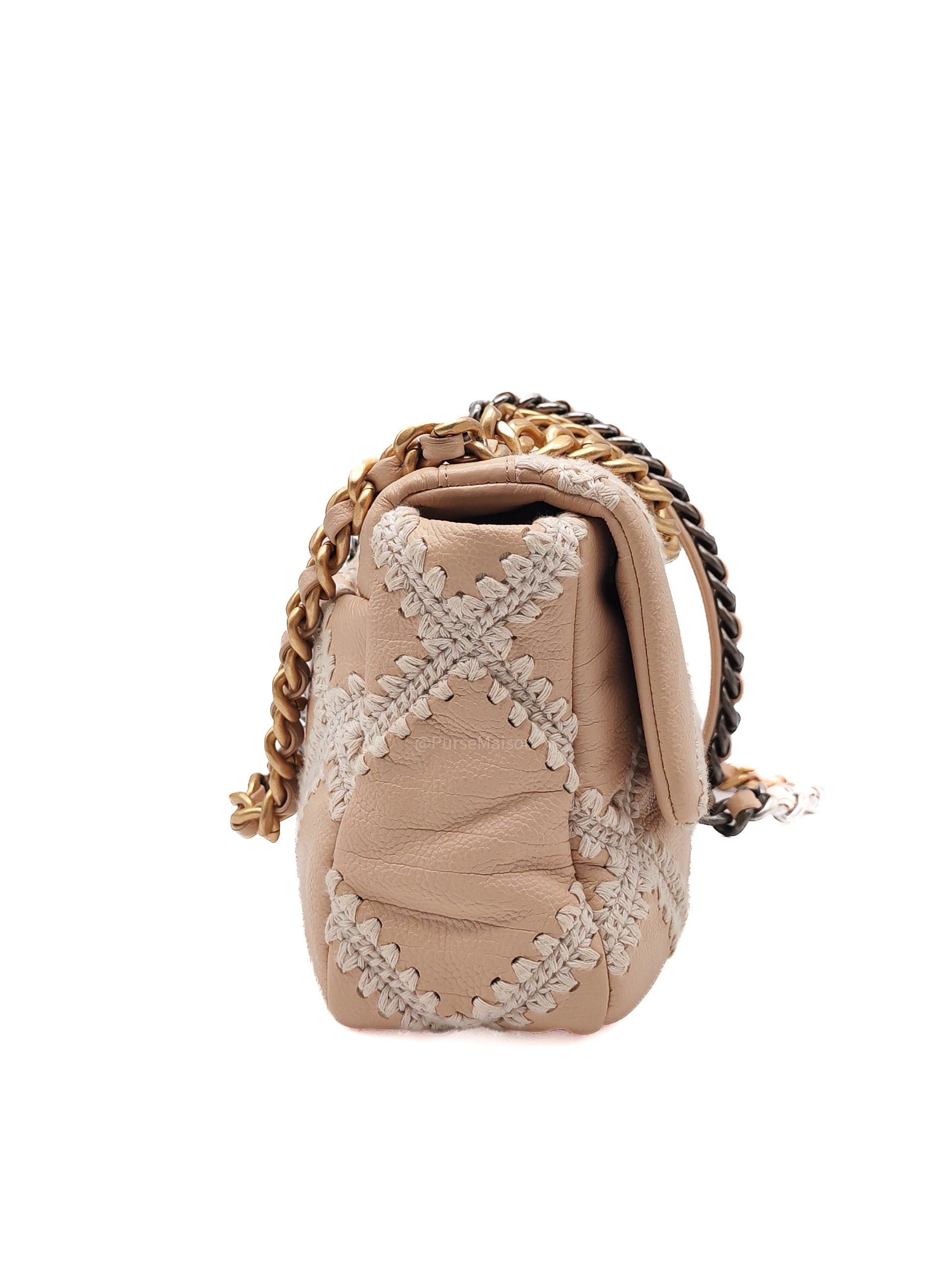 Chanel 19 Flap Bag Medium in Beige Calfskin Leather with Crochet Trim and Mixed Hardware Series 30