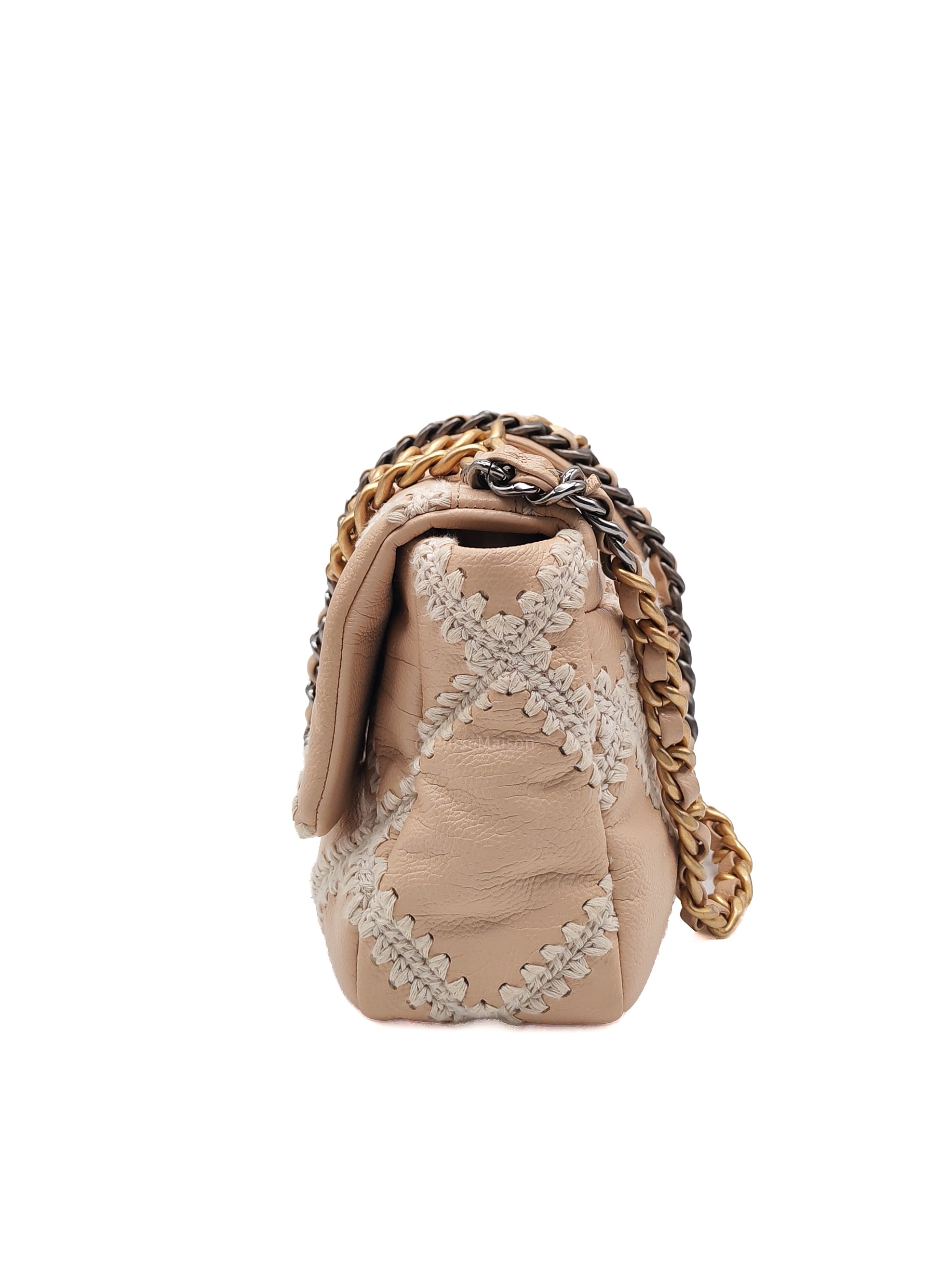 Chanel 19 Flap Bag Medium in Beige Calfskin Leather with Crochet Trim and Mixed Hardware Series 30