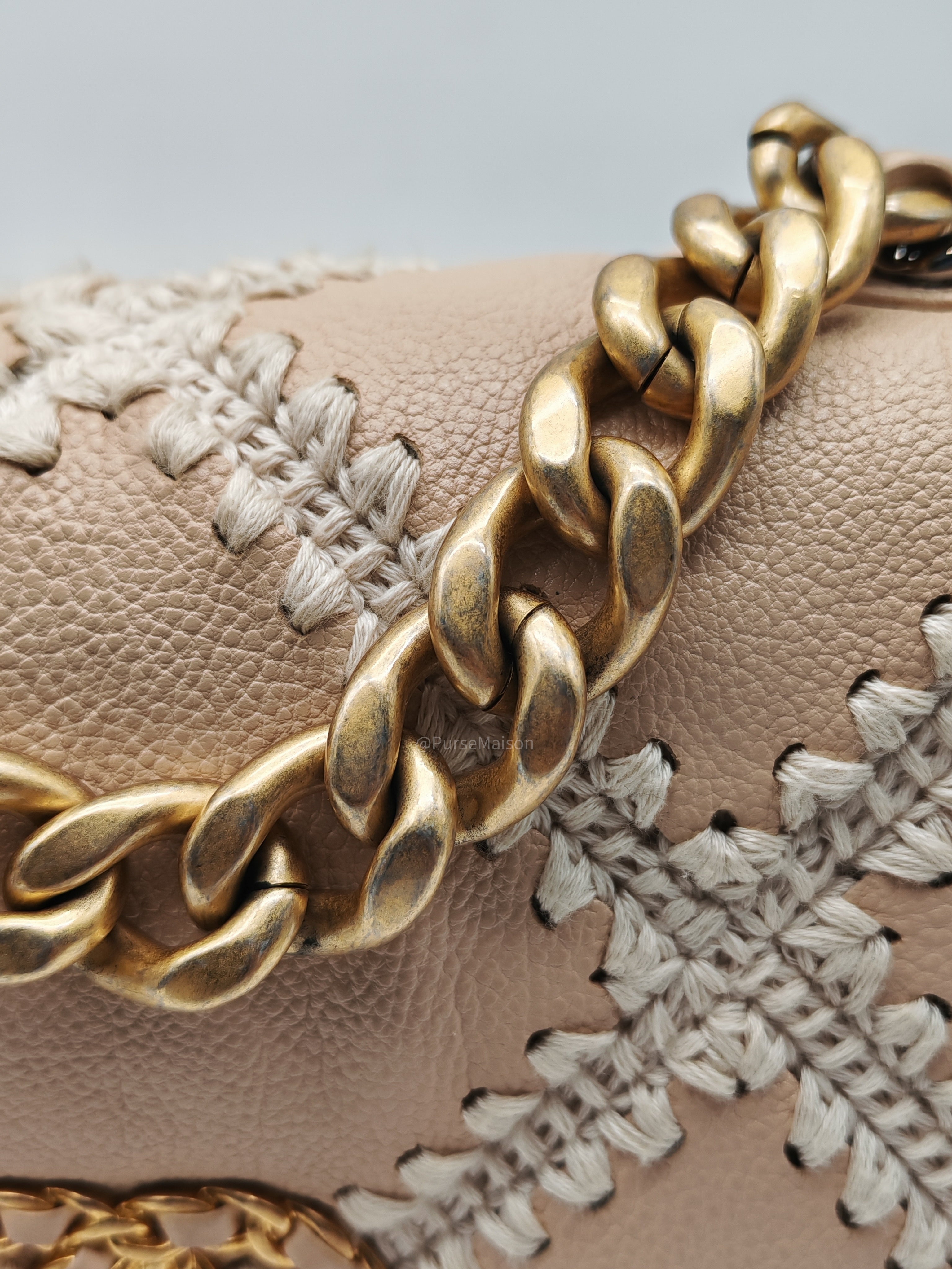 Chanel 19 Flap Bag Medium in Beige Calfskin Leather with Crochet Trim and Mixed Hardware Series 30