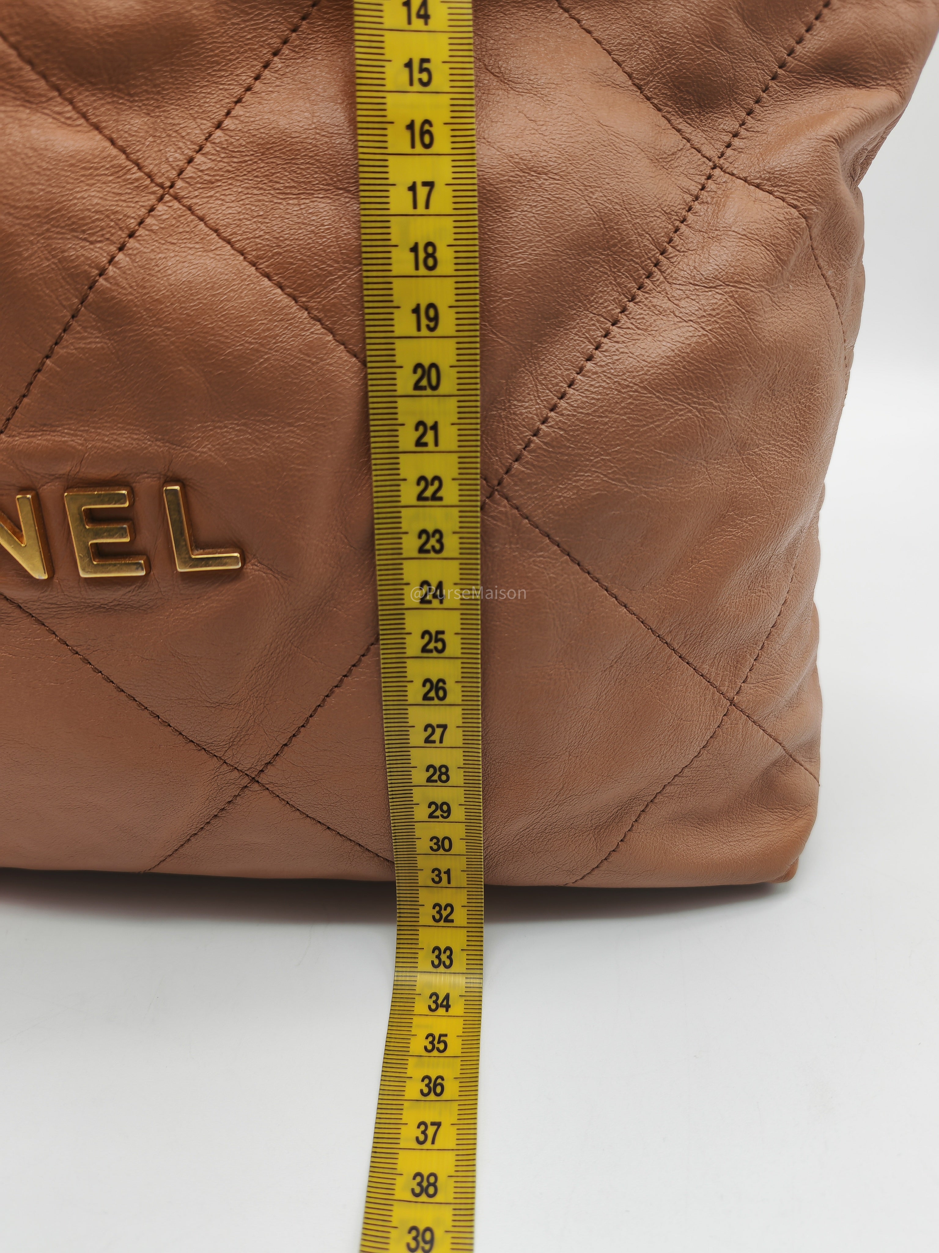 Chanel 22 Medium in Caramel Calfskin Leather Aged Gold Hardware (Microchip)