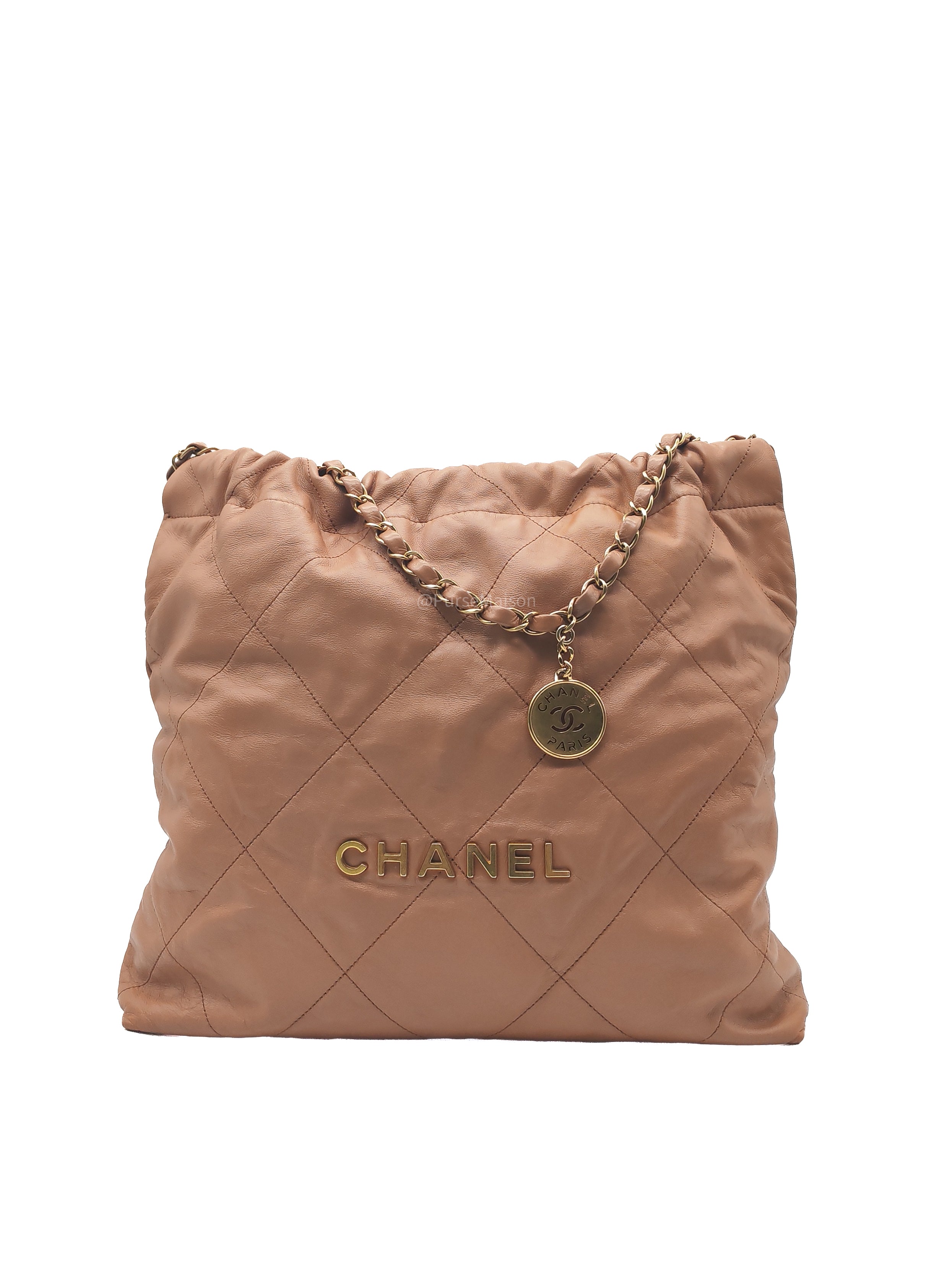 Chanel 22 Medium in Caramel Calfskin Leather Aged Gold Hardware (Microchip)