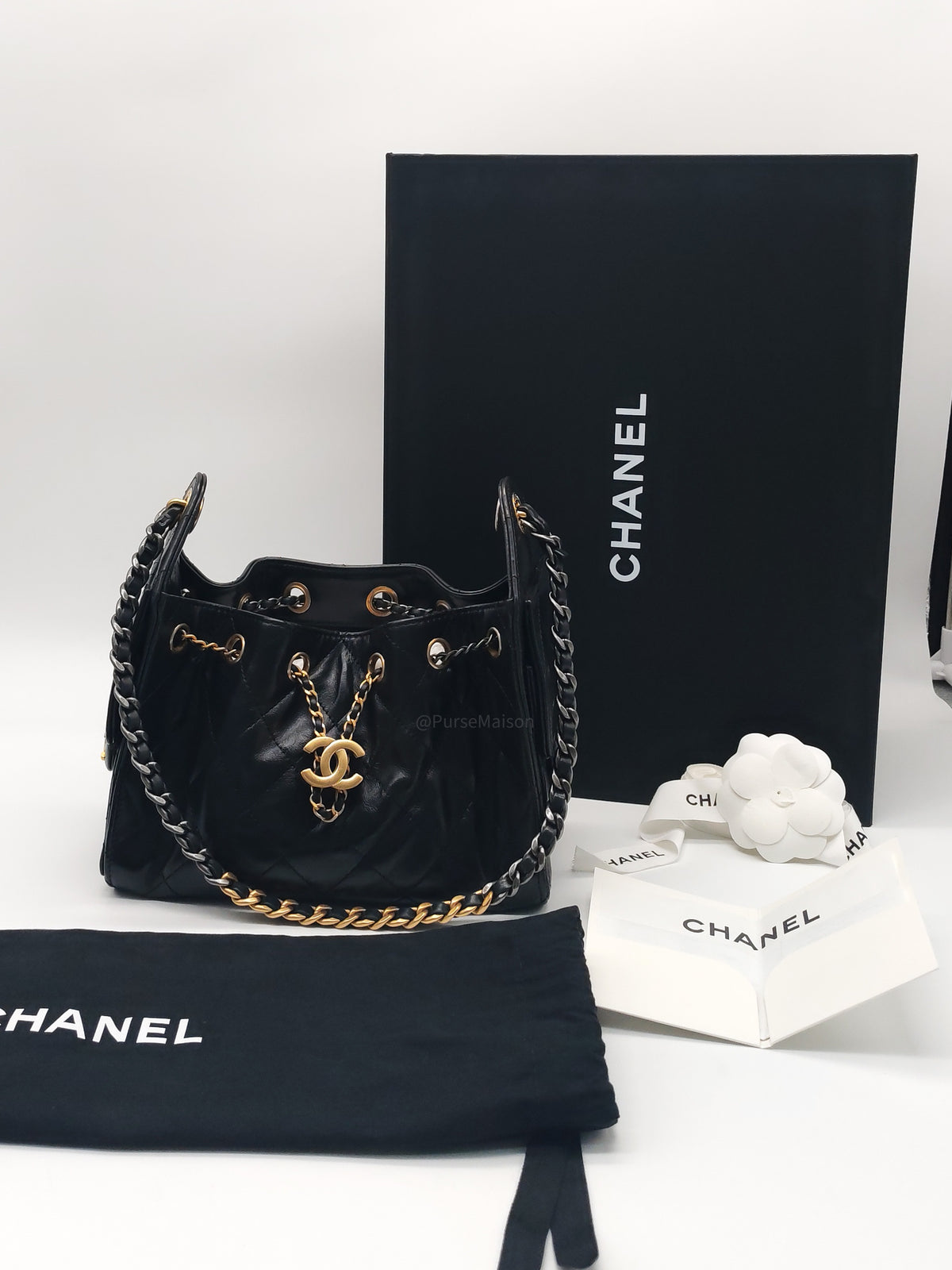 Chanel 25 Hobo Bag Mini in Black Shiny Calfskin Leather and Mix Hardware Microchip