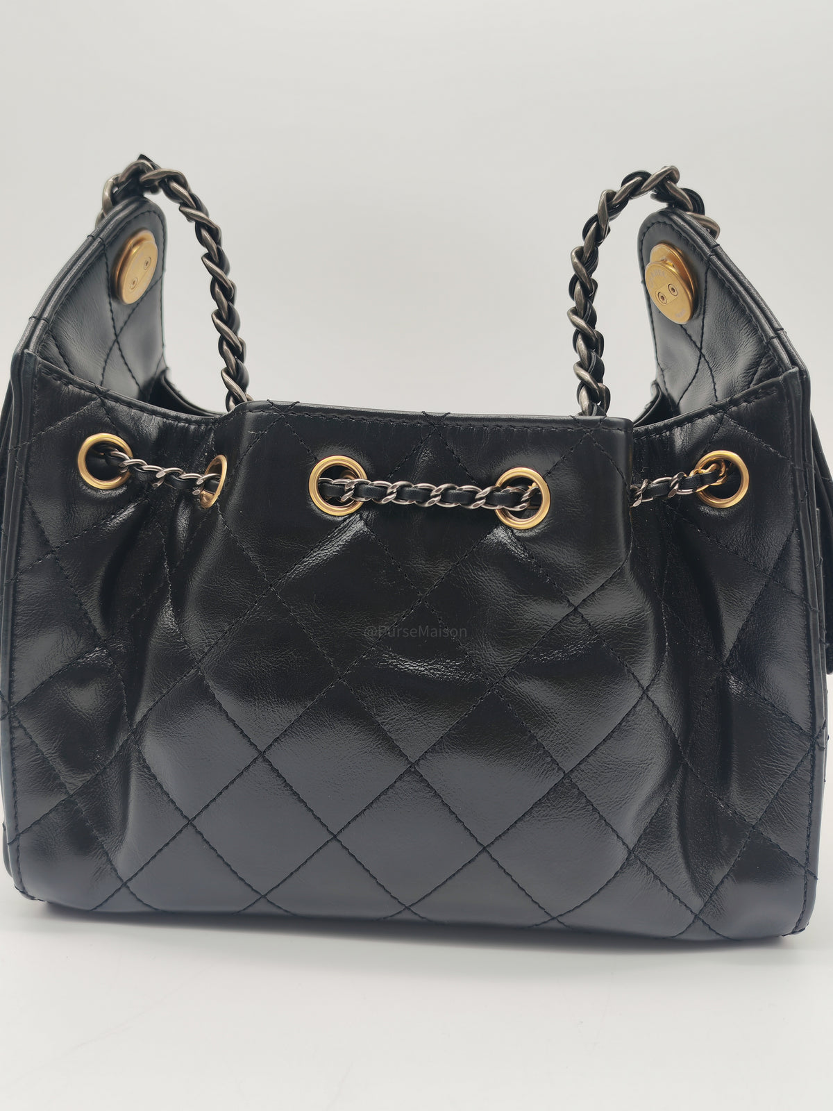 Chanel 25 Hobo Bag Mini in Black Shiny Calfskin Leather and Mix Hardware Microchip