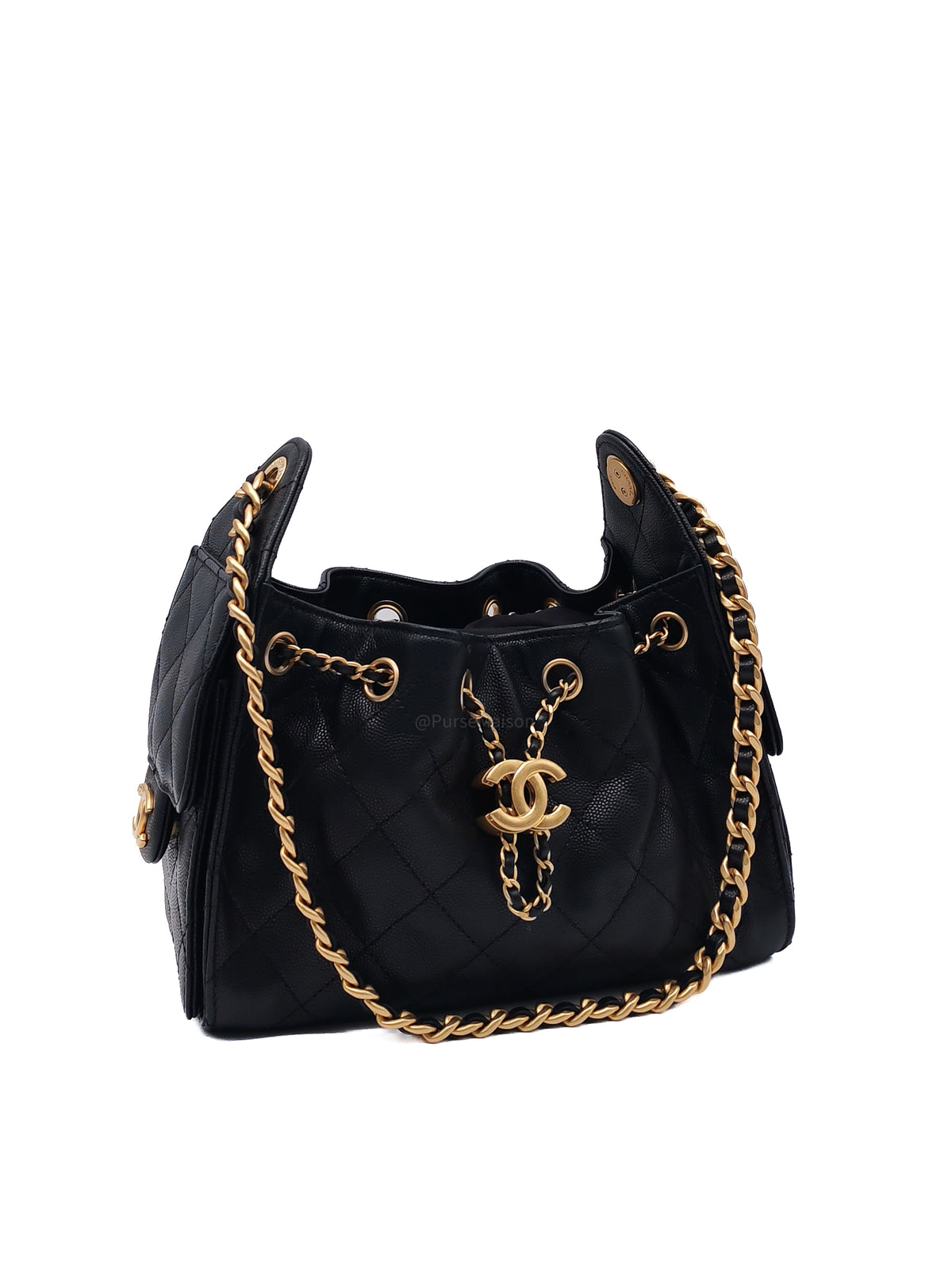 Chanel 25 Hobo Bag Mini in Black Caviar Leather and Aged Gold Hardware Microchip (A2****70)