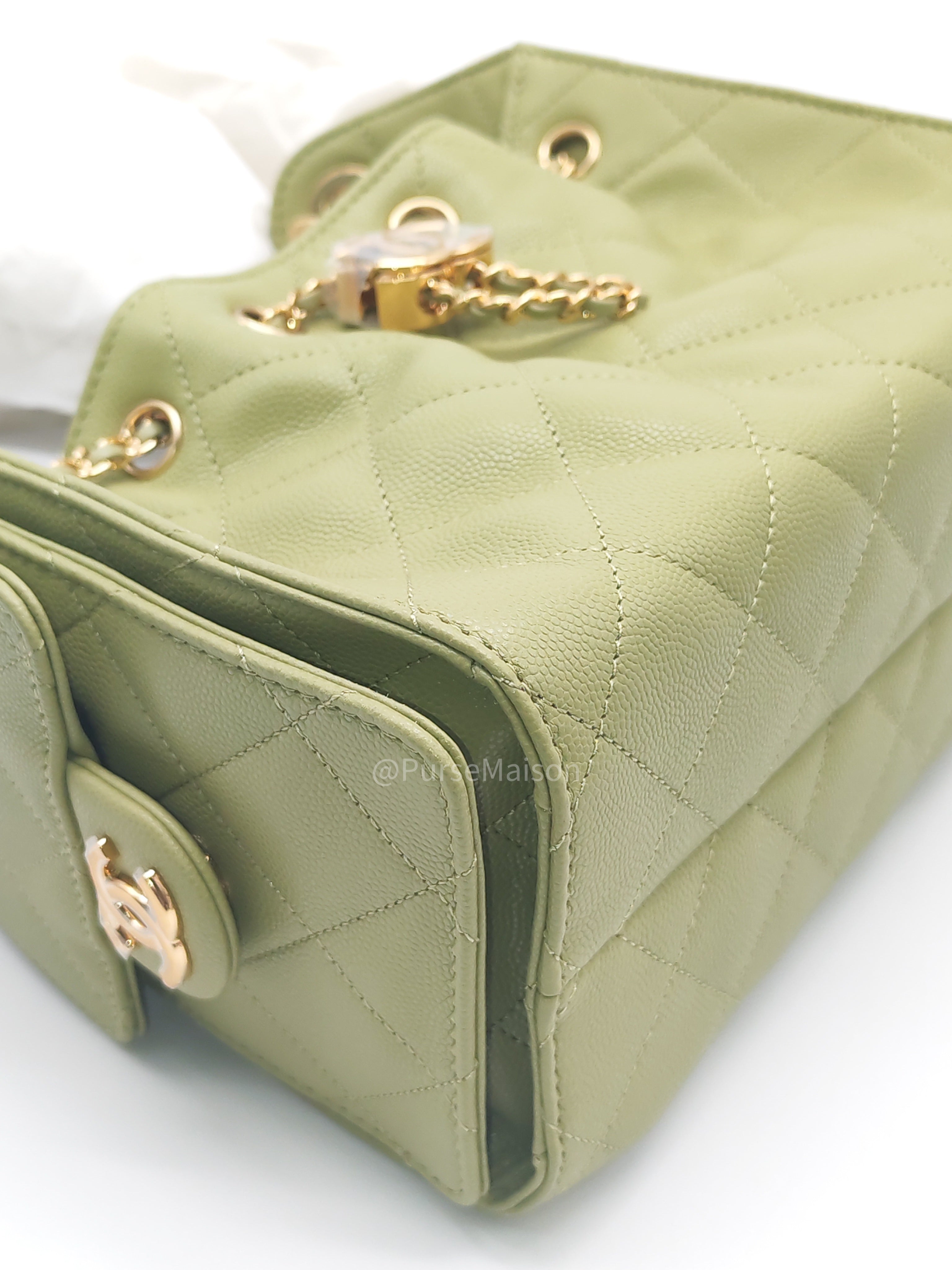 Chanel 25 Hobo Bag Mini in Light Green Caviar Leather Shiny Gold Hardware (Microchip)