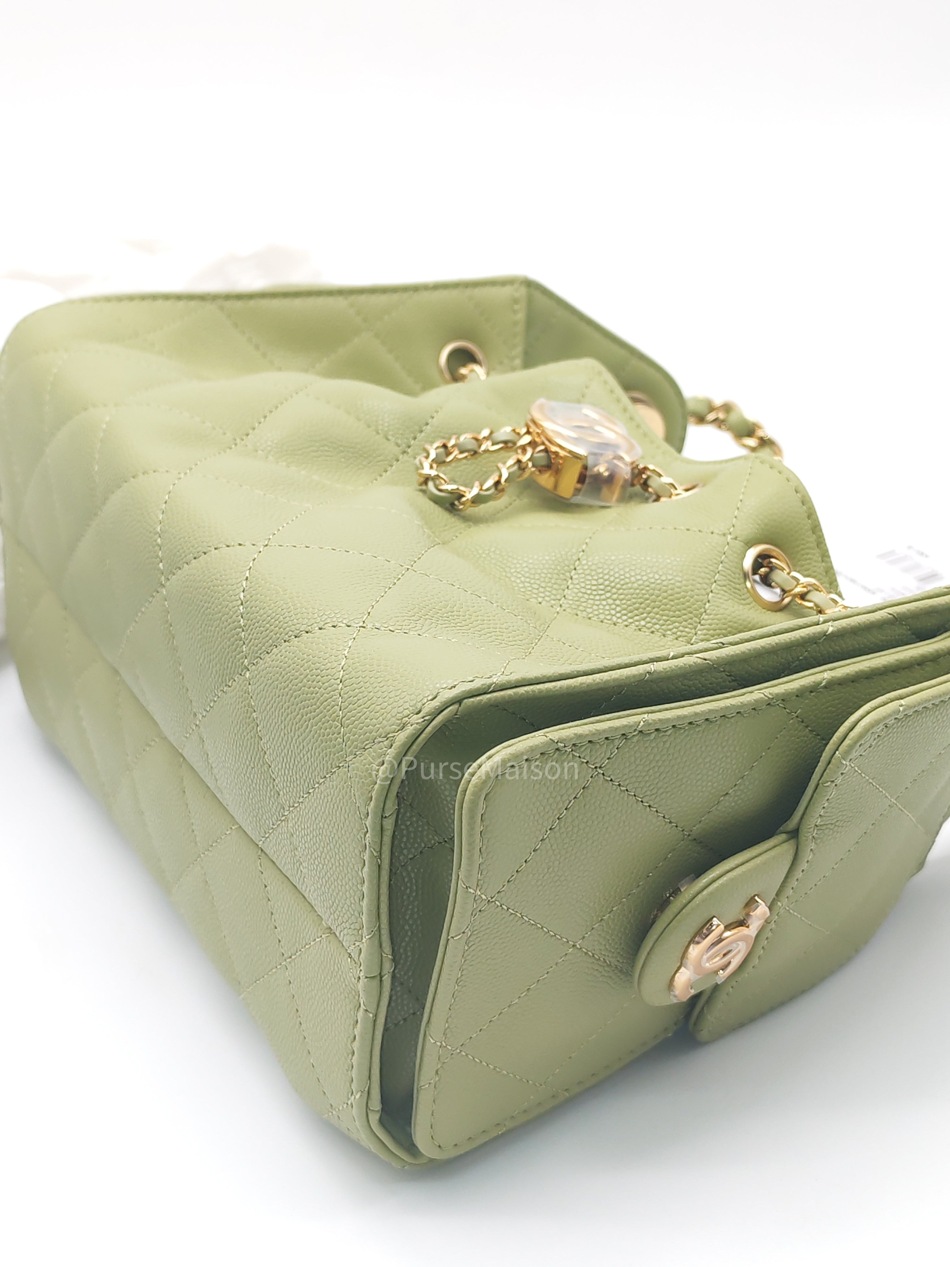Chanel 25 Hobo Bag Mini in Light Green Caviar Leather Shiny Gold Hardware (Microchip)
