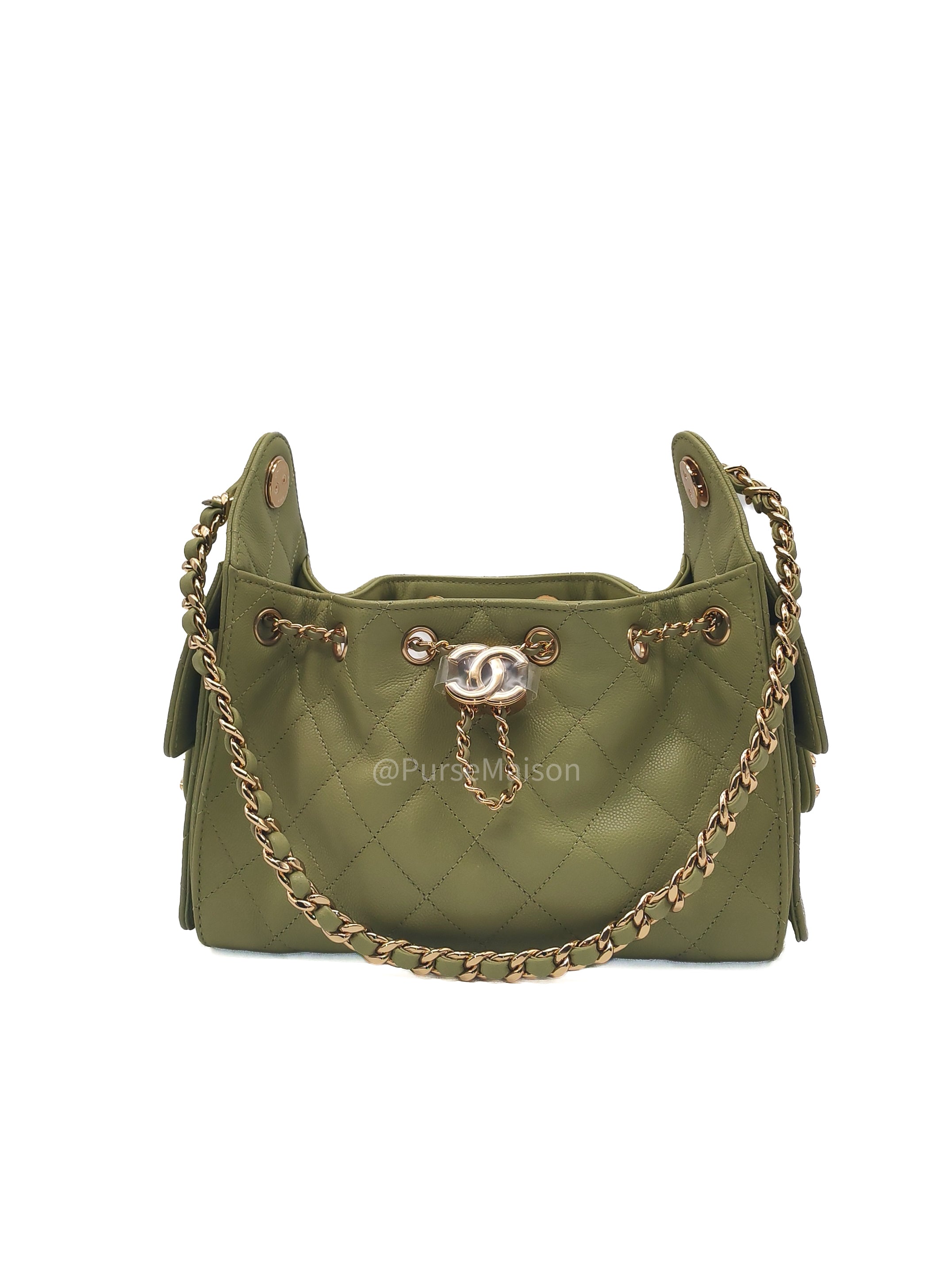 Chanel 25 Hobo Bag Mini in Light Green Caviar Leather Shiny Gold Hardware (Microchip)