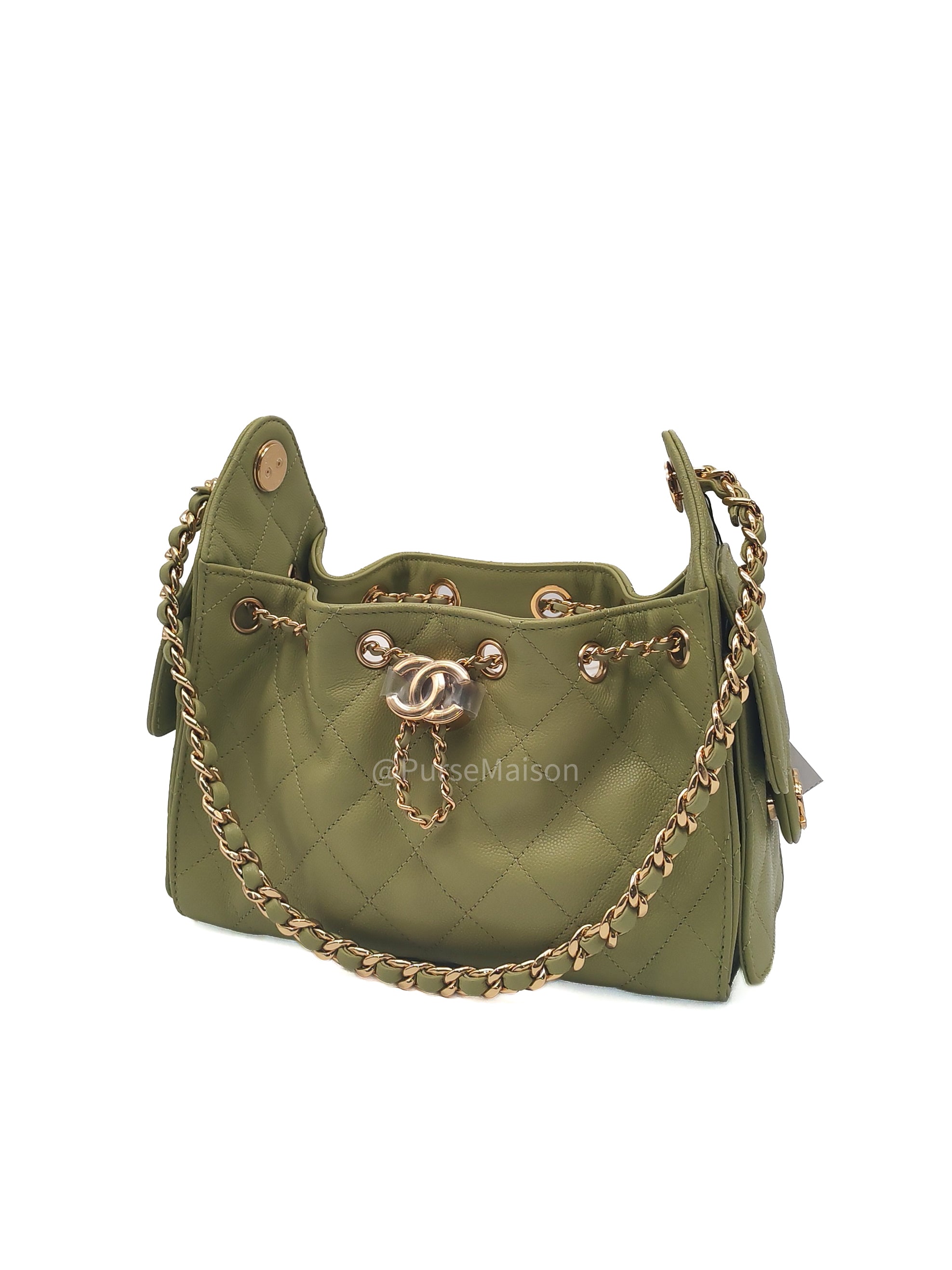 Chanel 25 Hobo Bag Mini in Light Green Caviar Leather Shiny Gold Hardware (Microchip)