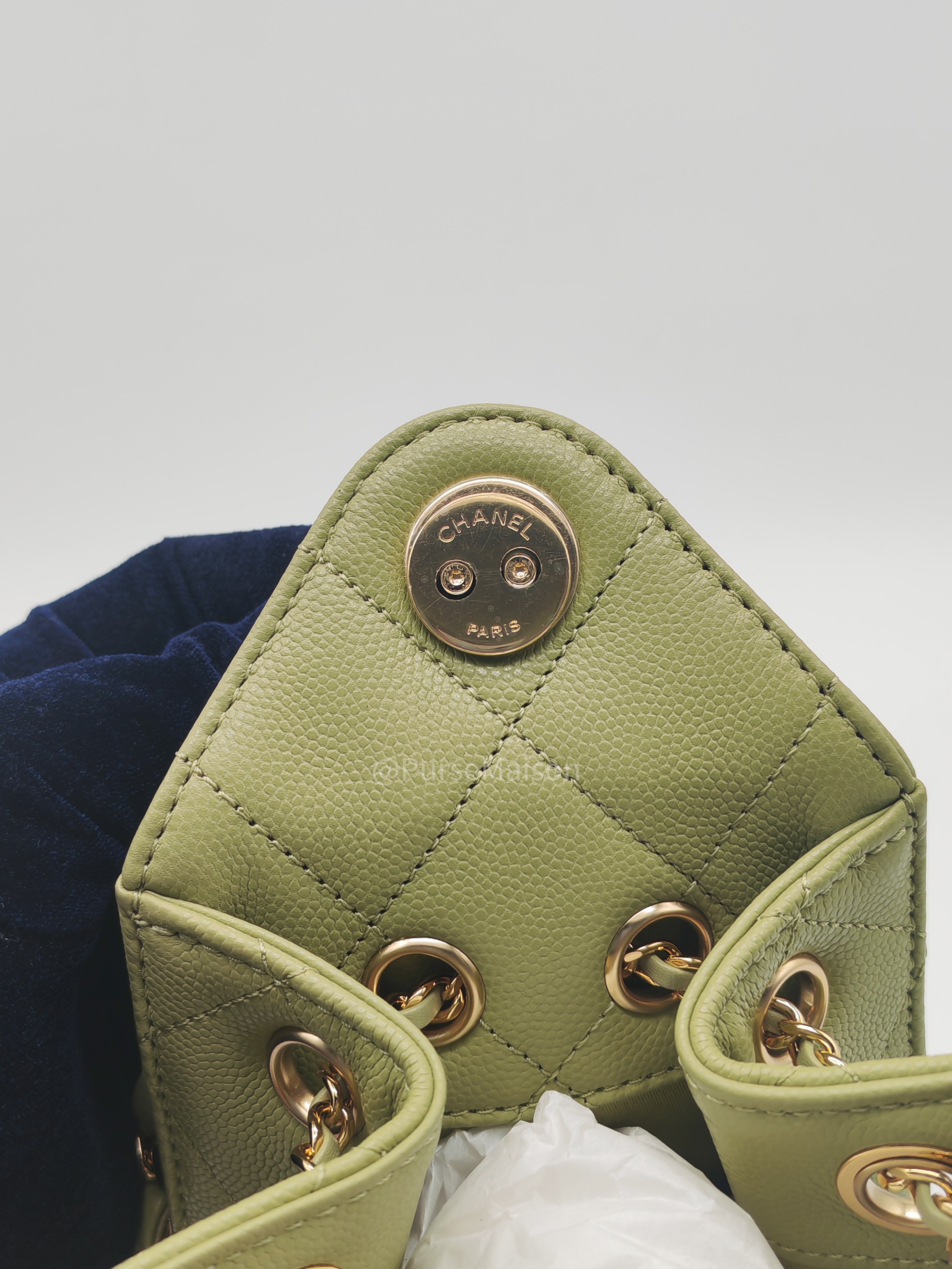 Chanel 25 Hobo Bag Mini in Light Green Caviar Leather Shiny Gold Hardware (Microchip)