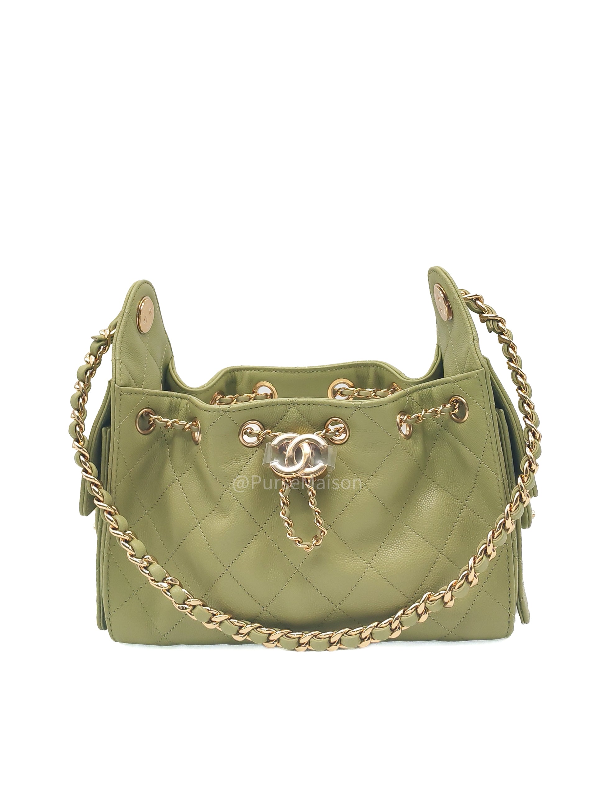Chanel 25 Hobo Bag Mini in Light Green Caviar Leather Shiny Gold Hardware (Microchip)